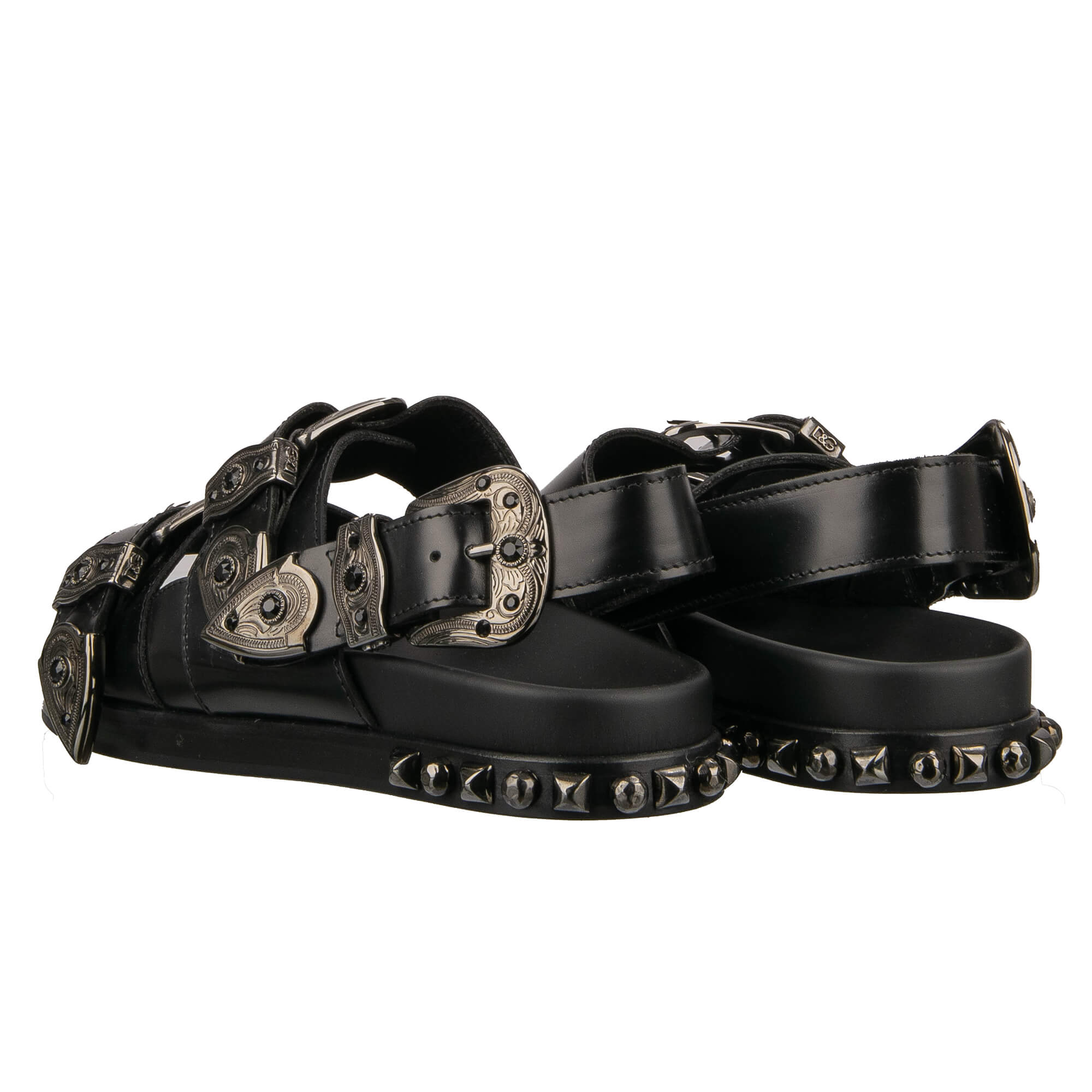 Studded leather Slides Sandals Shoes HAWAII with buckles embellished with crystals and DG logo in black by DOLCE & GABBANA 