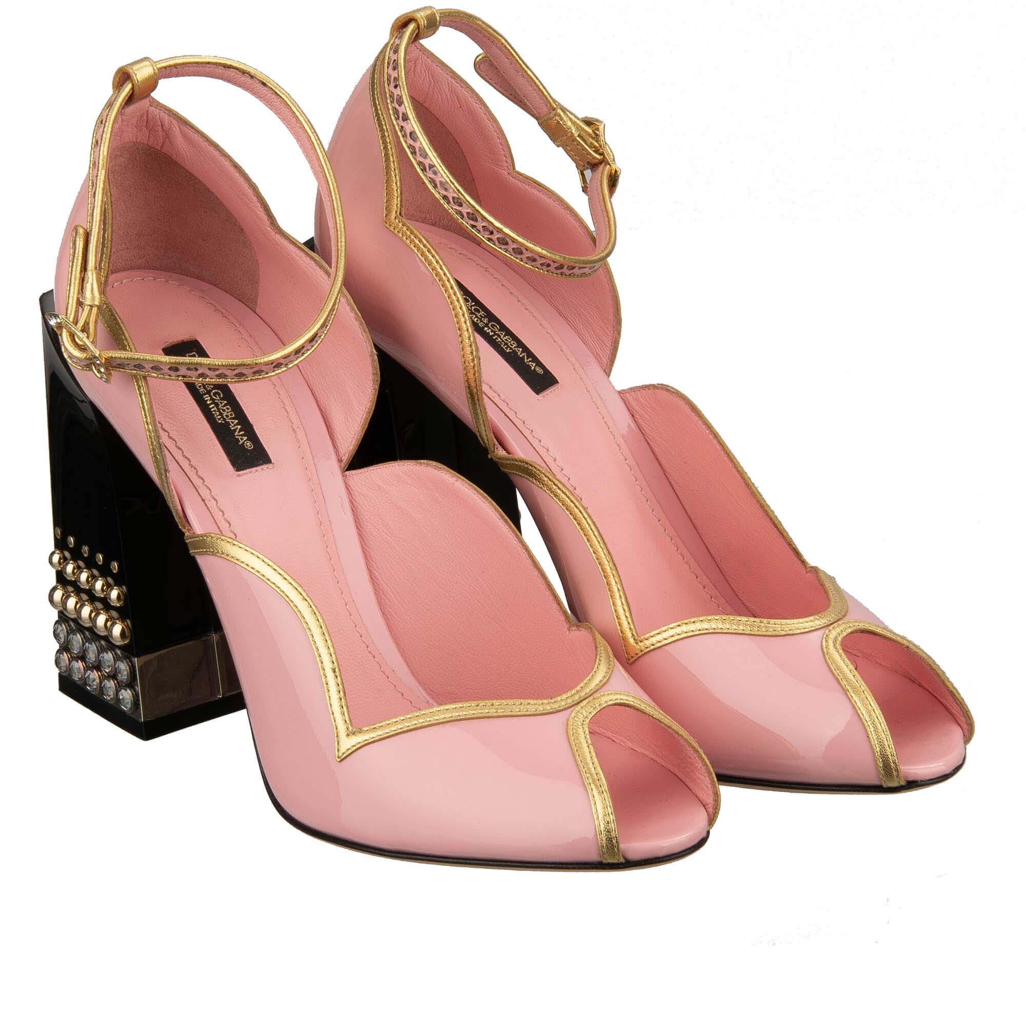 Patent Leather High Heel Sandals BETTE with crystal, pearl embellished heel and snake strap closure by DOLCE & GABBANA