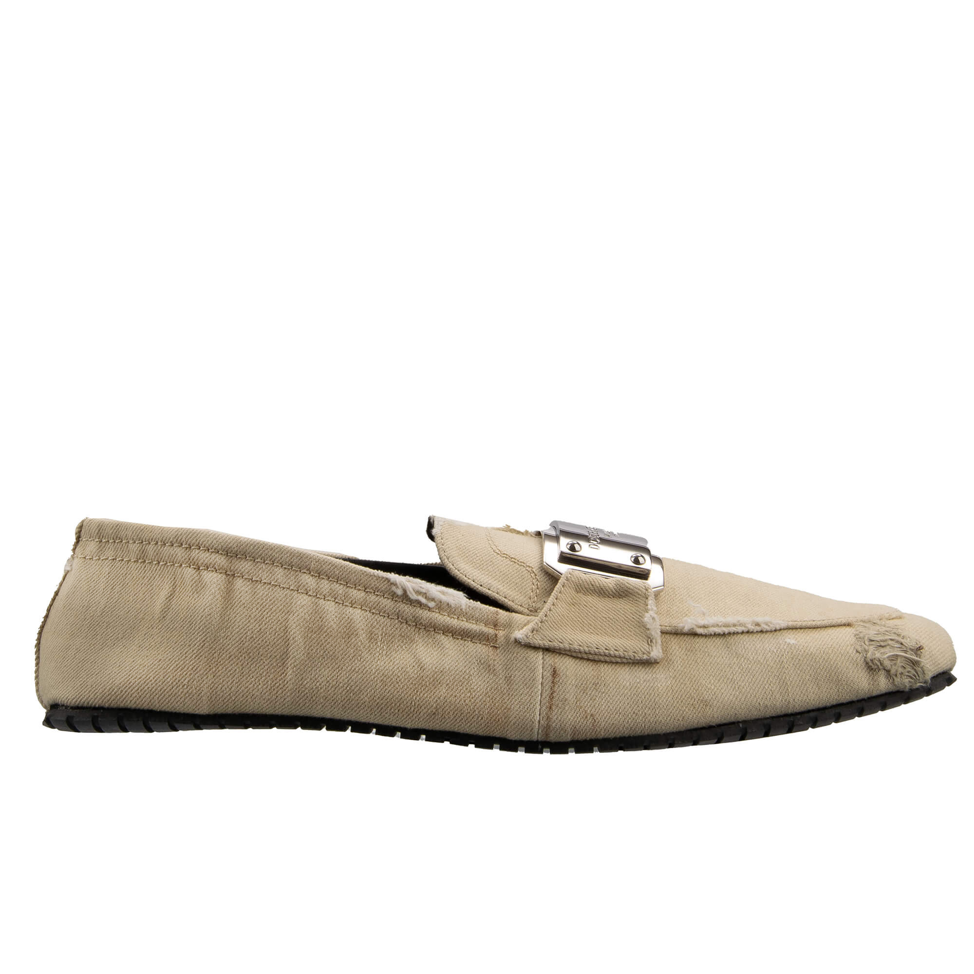 One of a kind destroyed effect denim fabric moccasins shoes NEW ZERO with DG Metal Logo Plate in beige by DOLCE & GABBANA