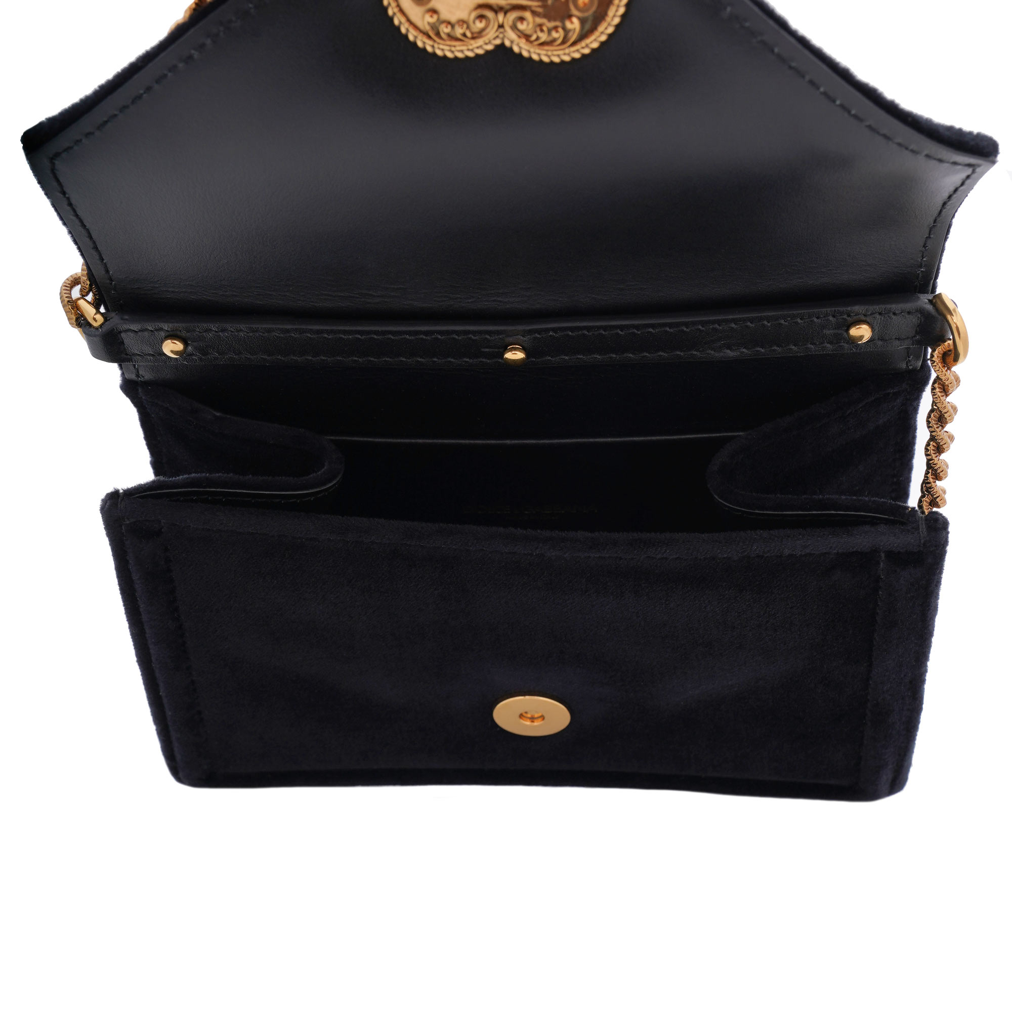 Top Handle / Crossbody Bag DEVOTION Small made of velvet with a jeweled heart buckle with DG Logo and detachable metal chain strap by DOLCE & GABBANA