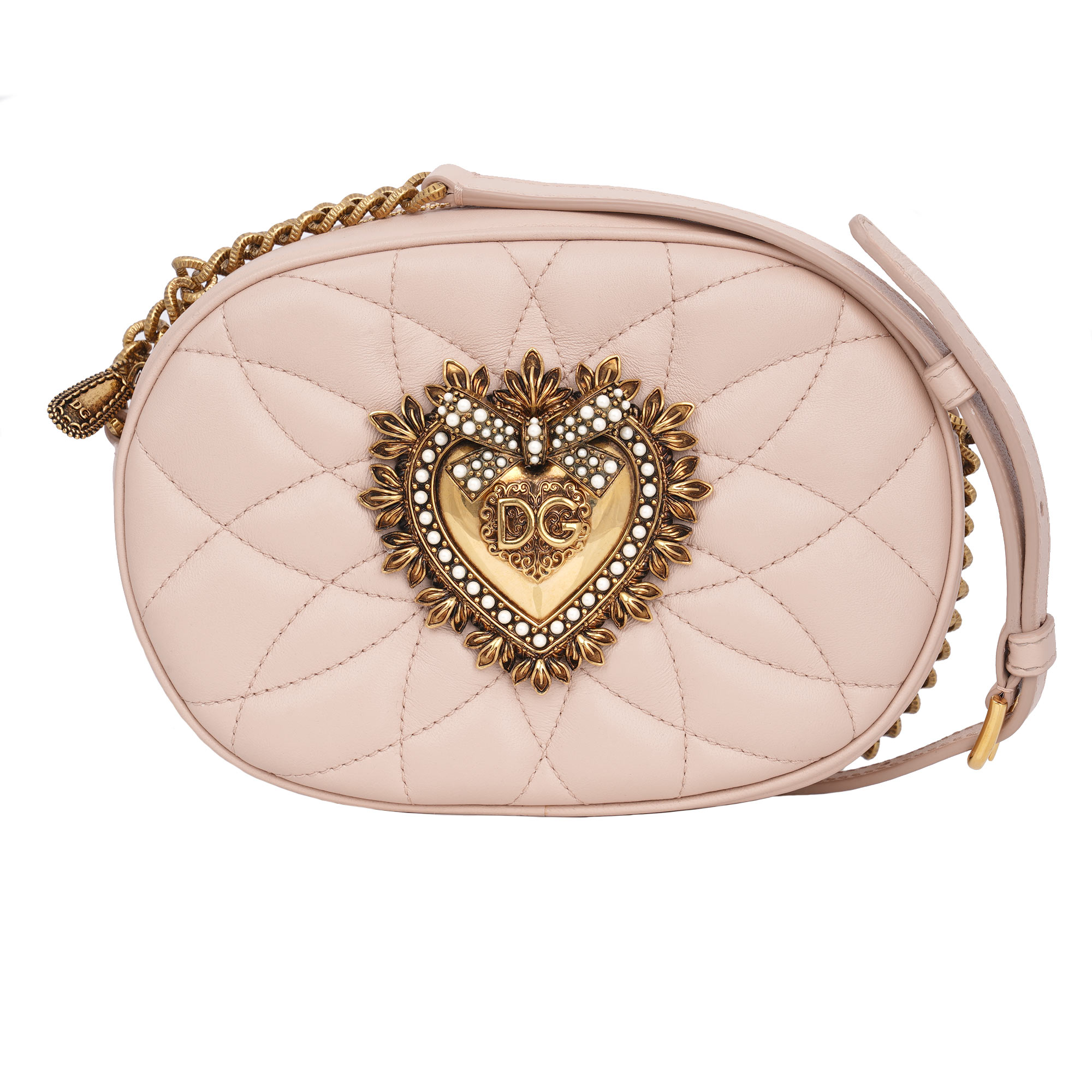 DG Perlen Gold Herz Logo Kette Leder Crossbody Tasche DEVOTION Pink 