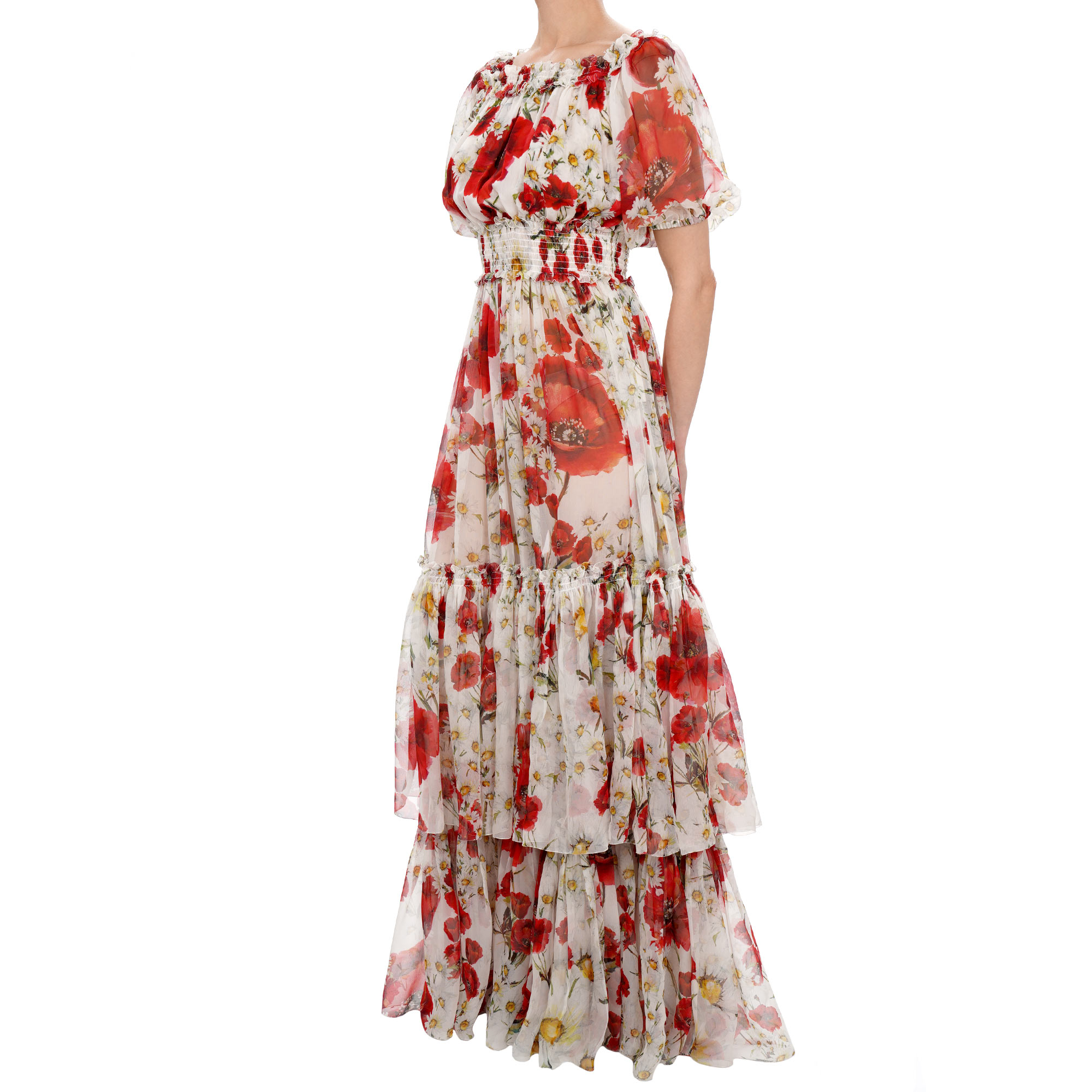 RUNWAY Mohn Kamille Seide Maxi Kleid Rot Weiß 40 DE 34 XS S 