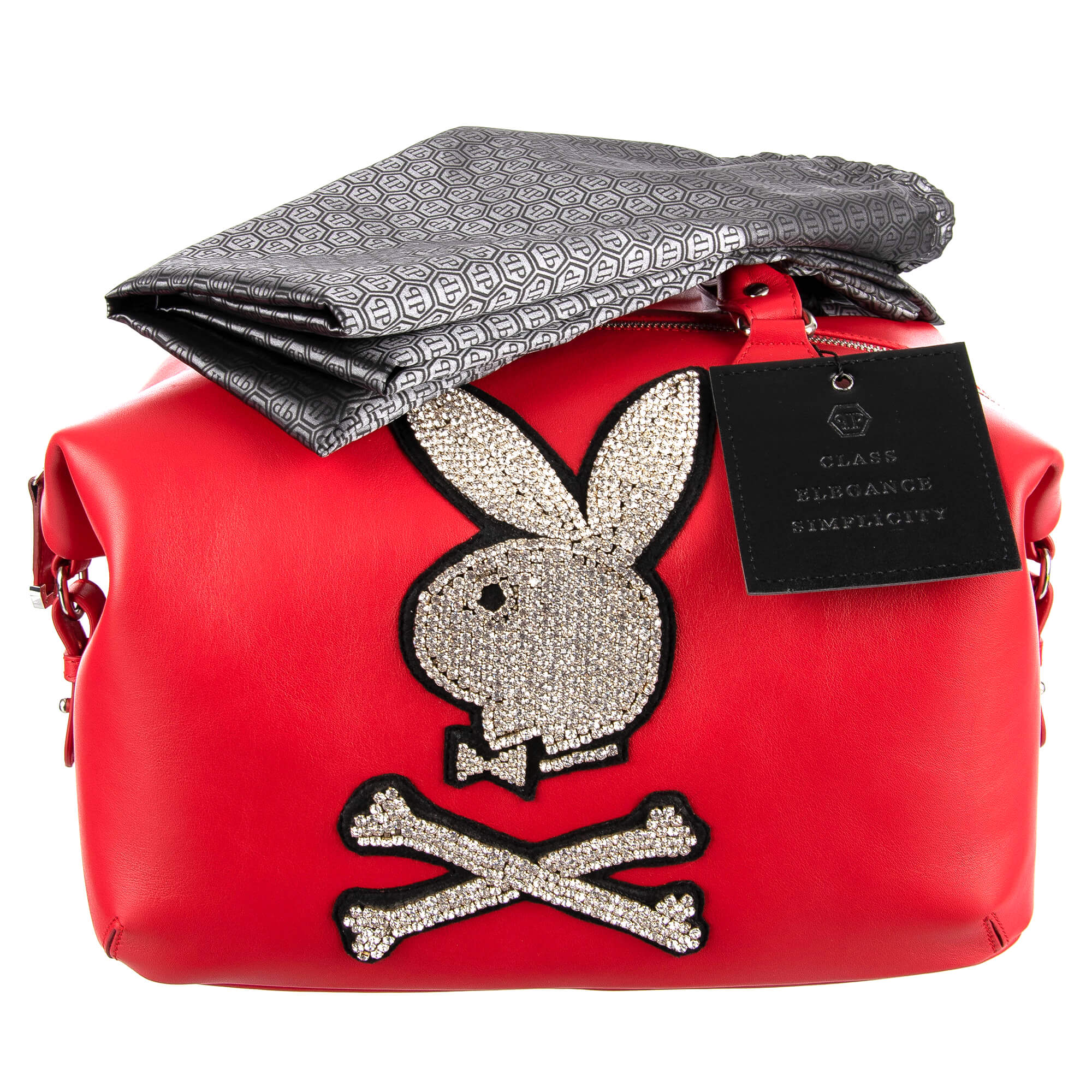 Handle Bag / Shoulder Bag with removable shoulder strap, a large crystals Plein Playboy Logo and metal logo plate by PHILIPP PLEIN x PLAYBOY