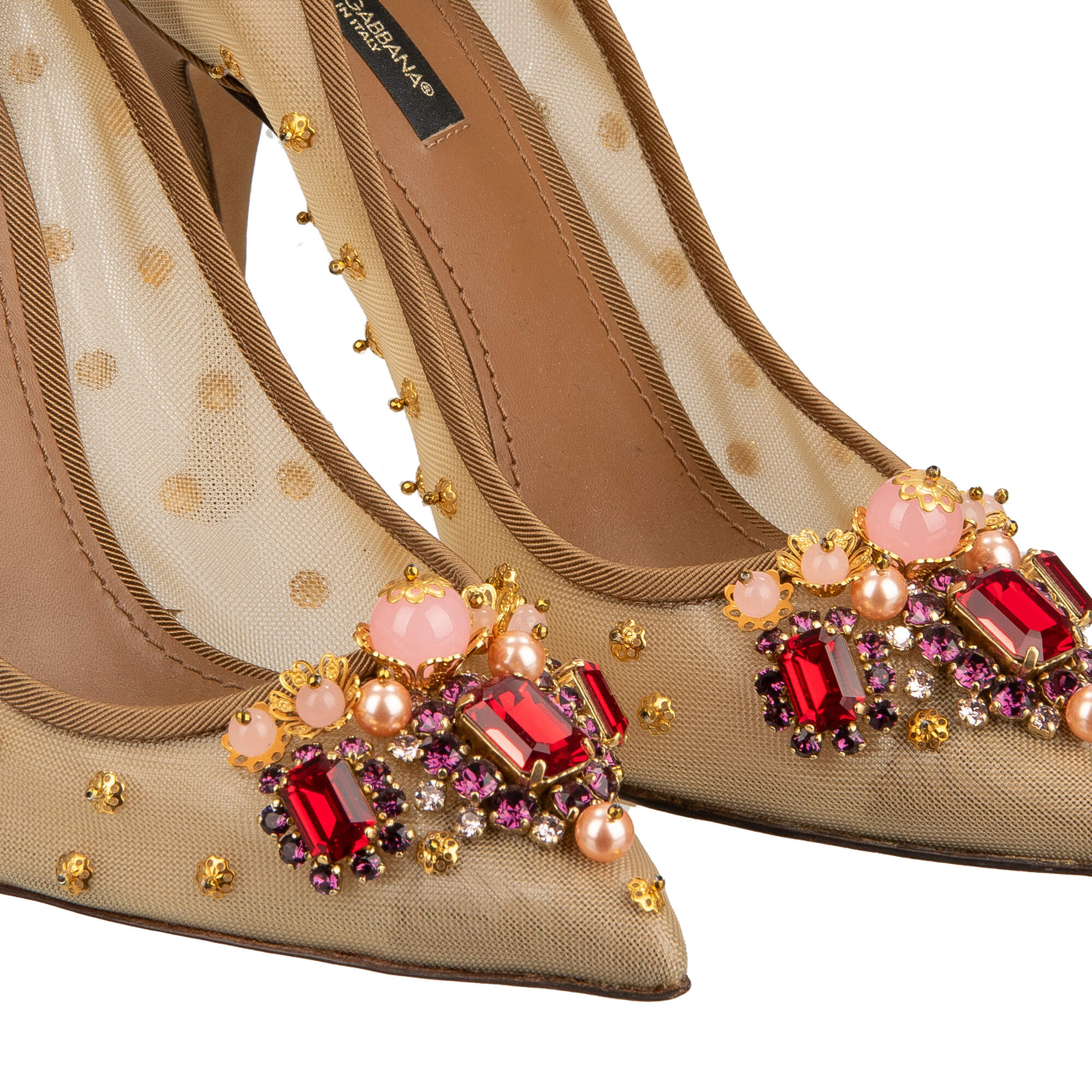 Pointed Plastic Lace Pumps LORI with scrystal and brass elements embroidery in beige, red, pink and gold by DOLCE & GABBANA