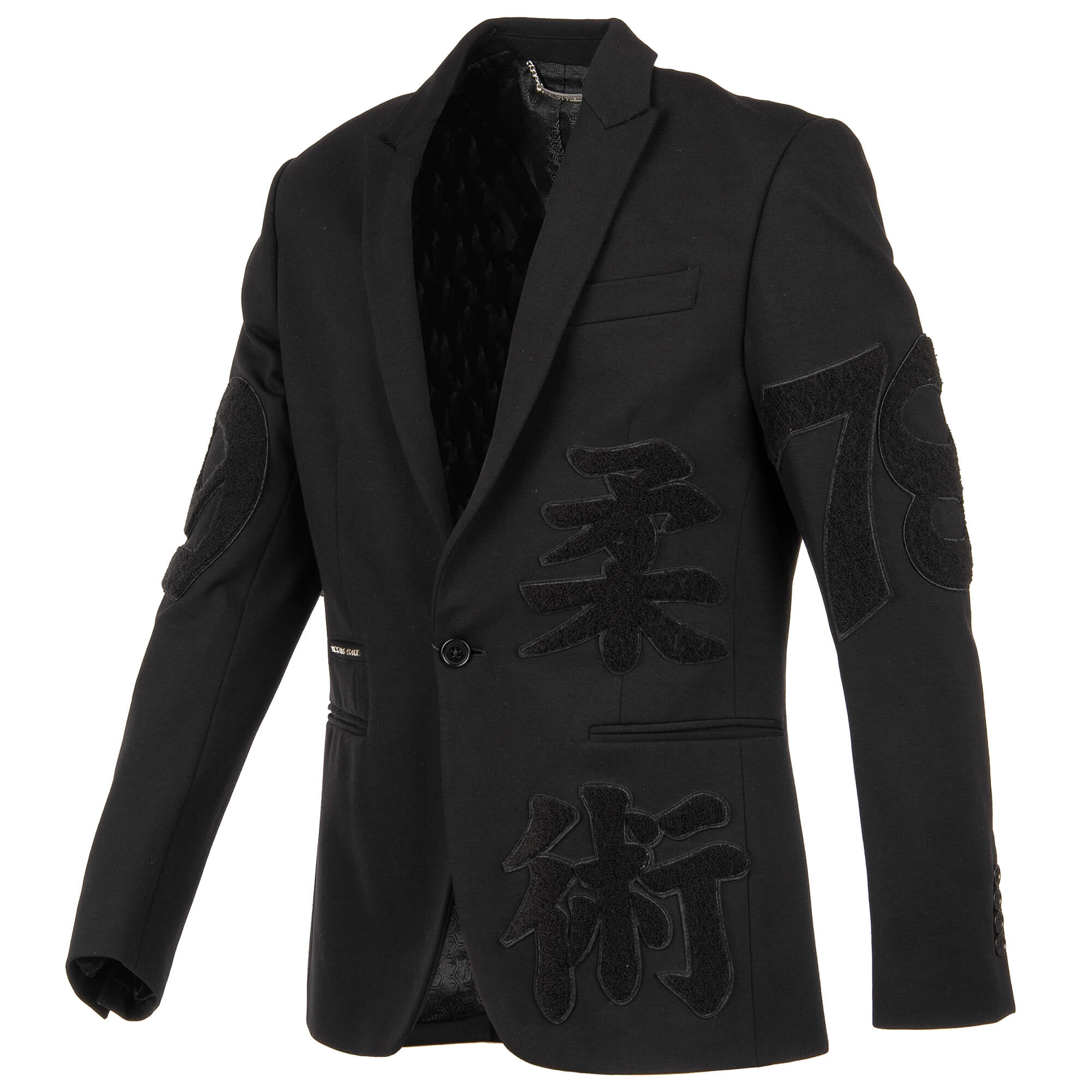 Blazer SPECIAL TWO with embroidered hieroglyphs, embroidered logo on leather at the back and logo in front by PHILIPP PLEIN