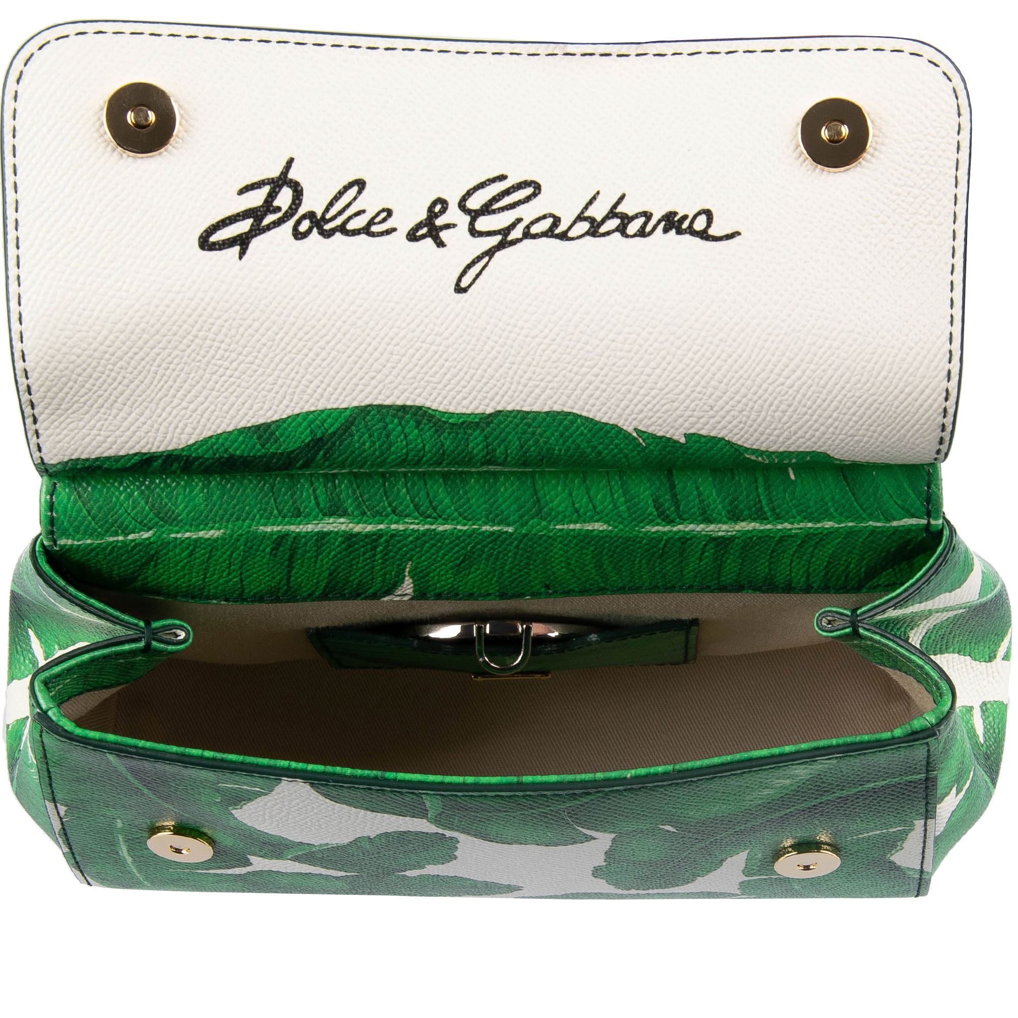 Hand- / Schultertasche SICILY Mini aus Dauphine Leder mit Bananenblätter / Palmen Print und Logo Schild von DOLCE & GABBANA