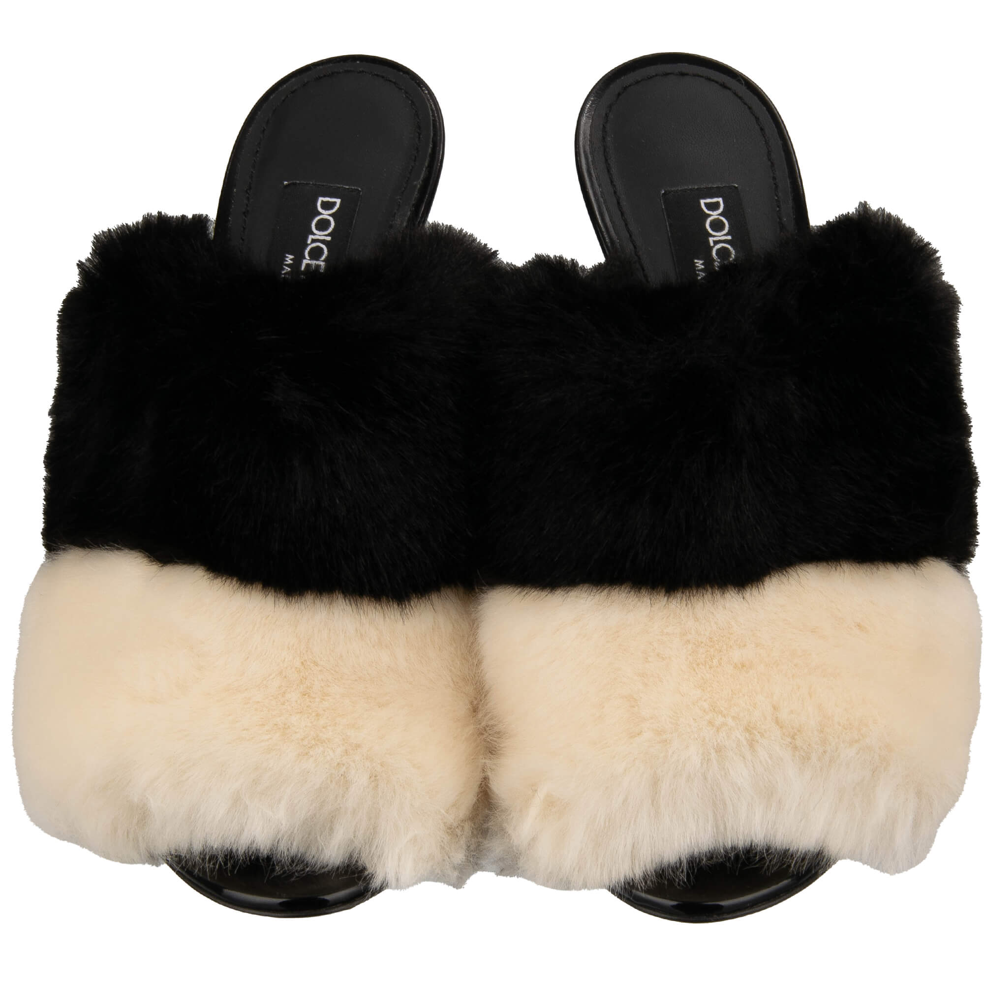 Leder und Kunstpelz Pumps Sandalen KEIRA mit DG silber metal Logo in Schwarz und Beige von DOLCE & GABBANA