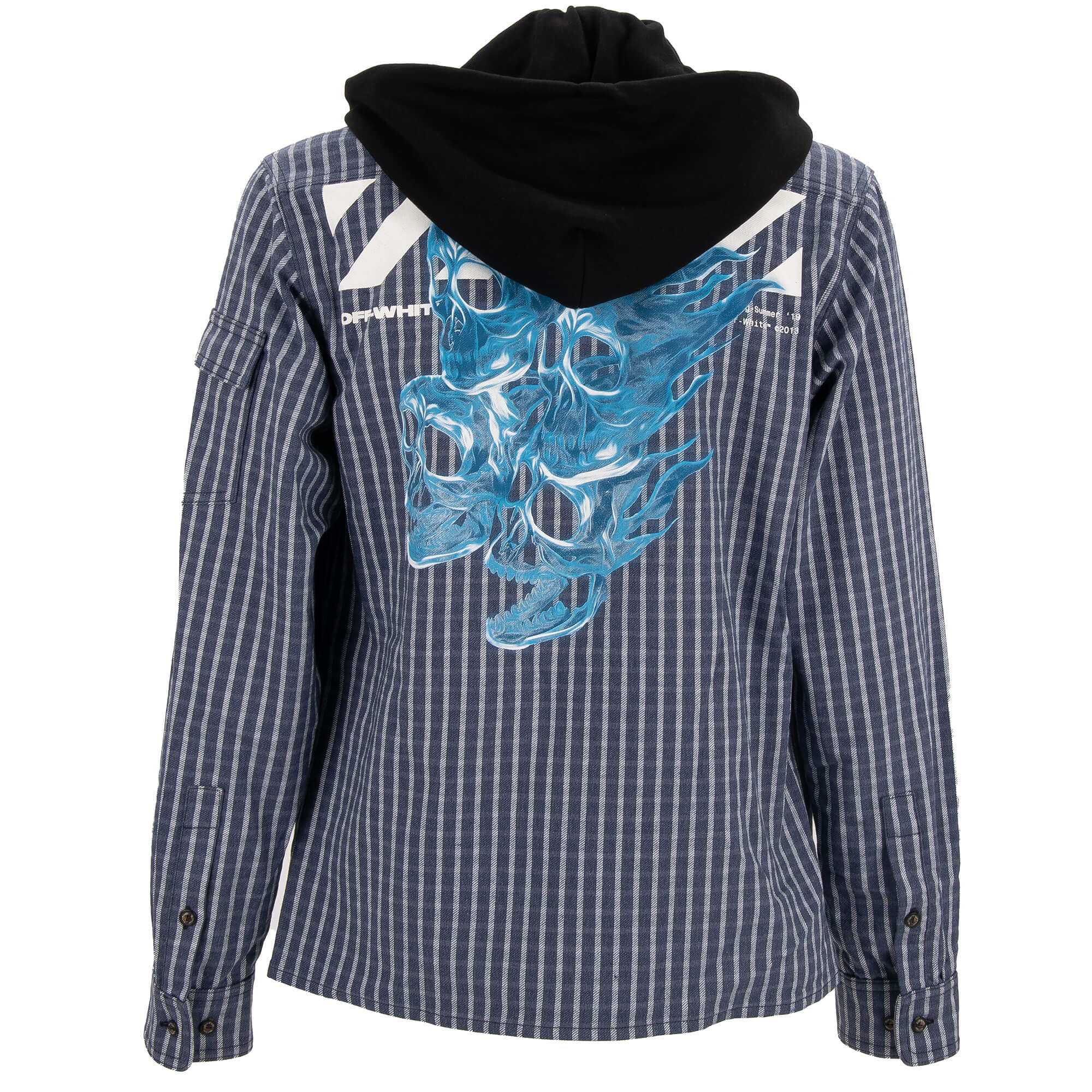 Virgil Abloh Zip Striped Hooded Shirt Jacket with Skull Logo Print Blue M