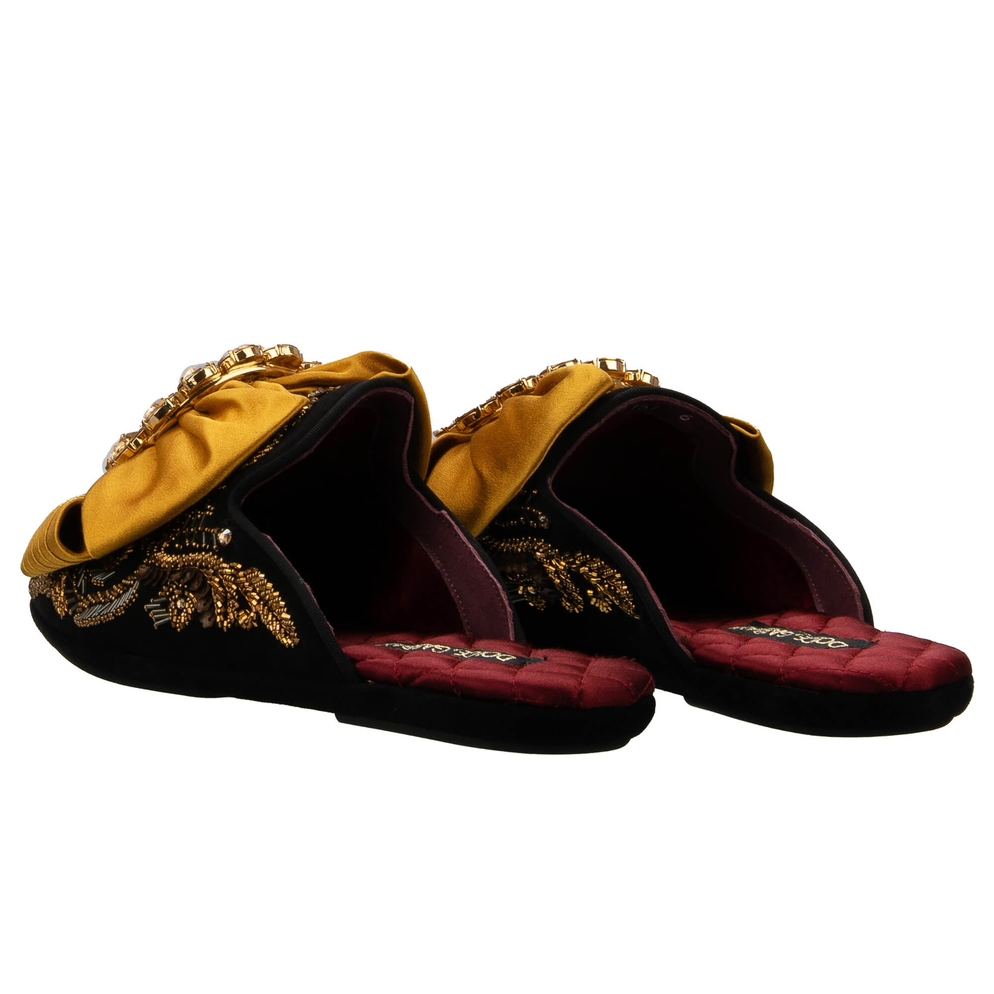 Suede leather slipper shoes MARCELLO with crystal brooch silk bow and pearl crystal embroidery in black and gold by DOLCE & GABBANA