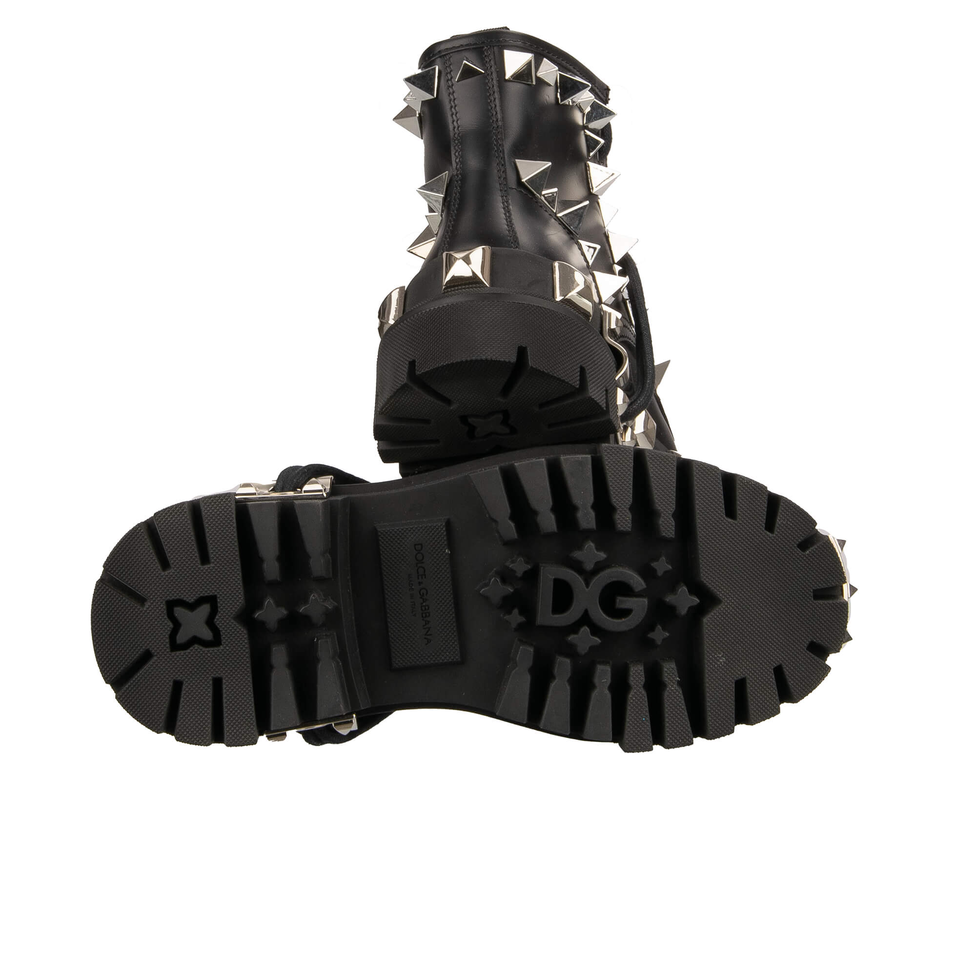 Leder Plateau Combat / Biker Stiefel mit überall verteilten Nieten in Schwarz von DOLCE & GABBANA