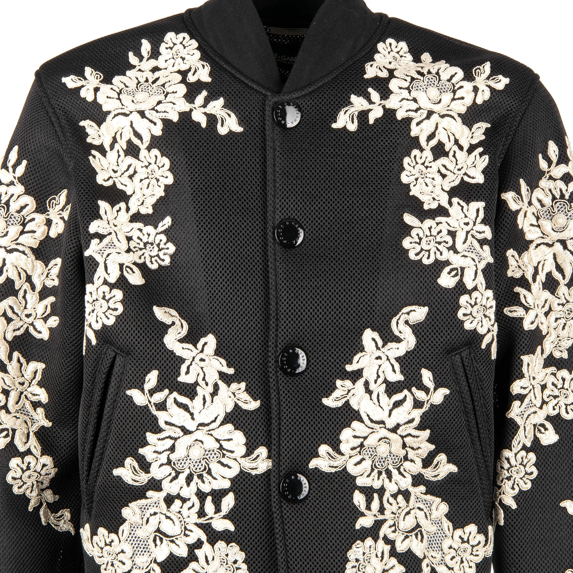 Floral embroidered, perforated bomber jacket with snap buttons by DOLCE & GABBANA
