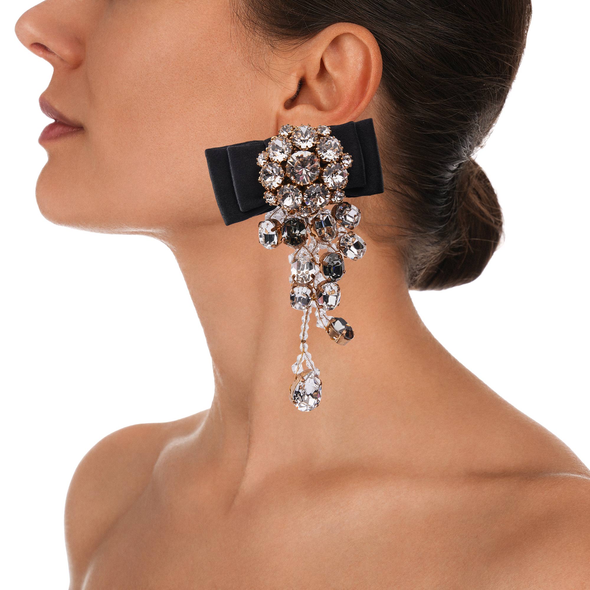 Chandelier Clip Earrings adorned with silk bows, filigree elements and crystals in black and gold by DOLCE & GABBANA