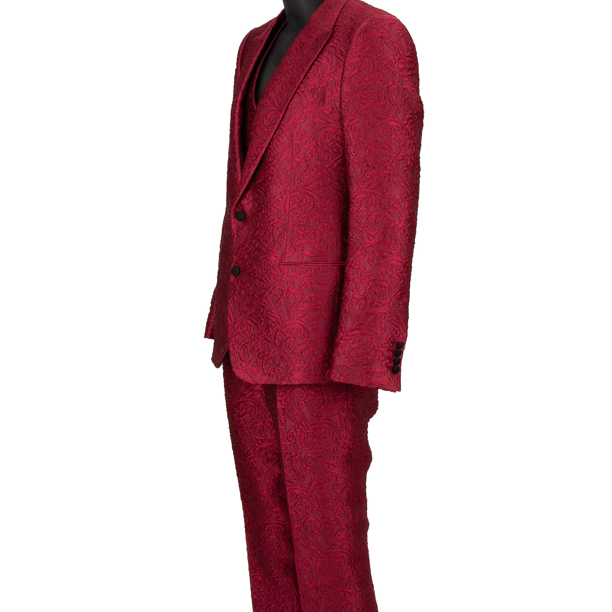 Baroque jacquard 3 piece suit, jacket, waistcoat, pants with peak lapel in pink by DOLCE & GABBANA 