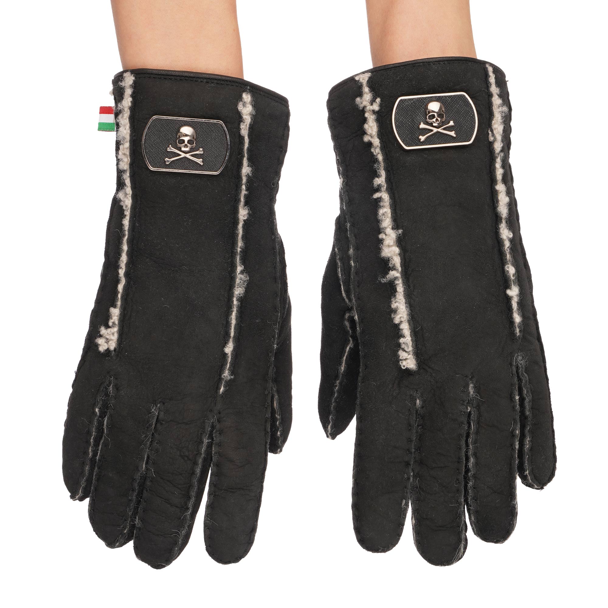 Owen Metall Totenkopf Leder Pelz Handschuhe Schwarz 7,5