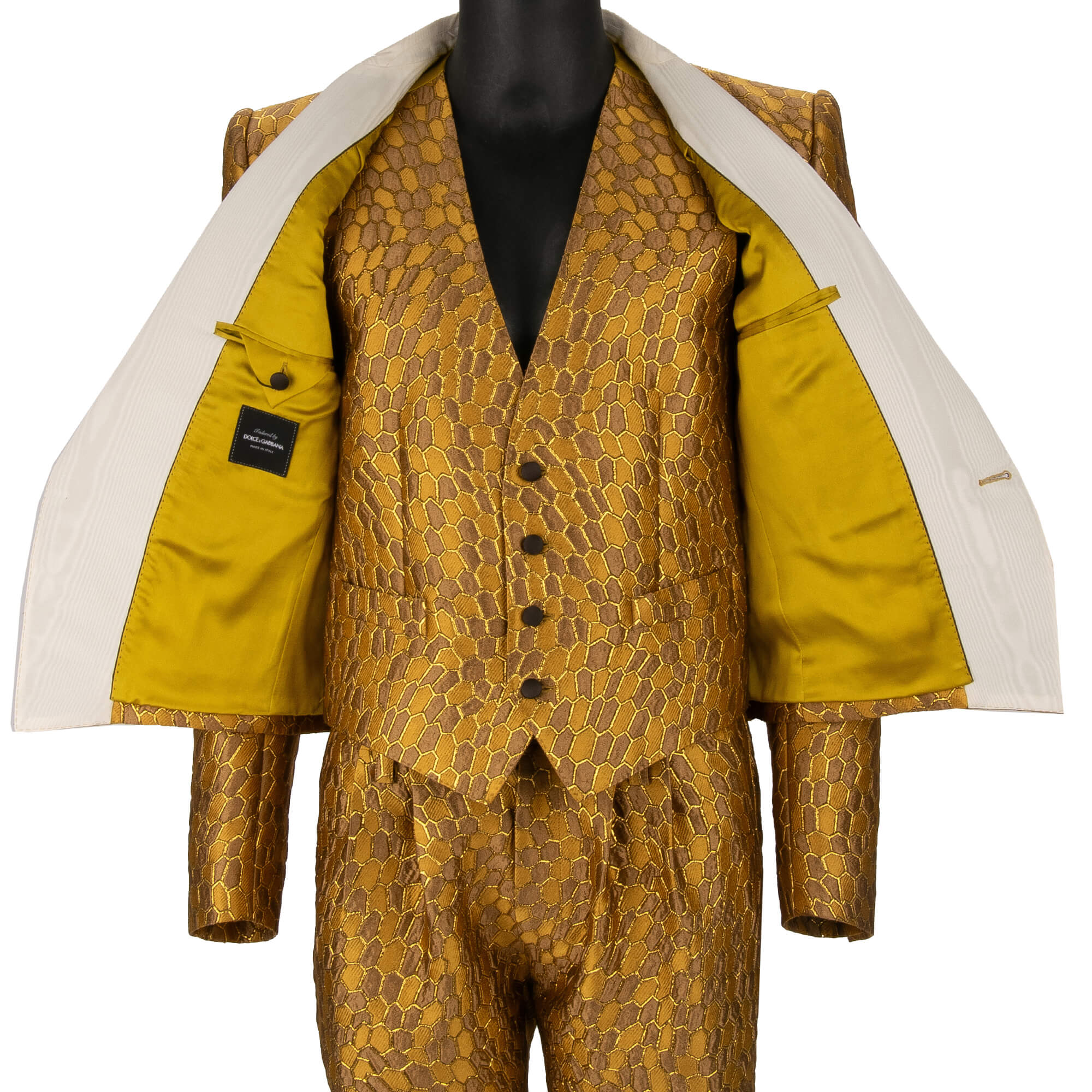 3-Teile Anzug aus Jacquard mit gekürztem Blazer und fallendem Revers in Gold und Weiß von DOLCE & GABBANA 