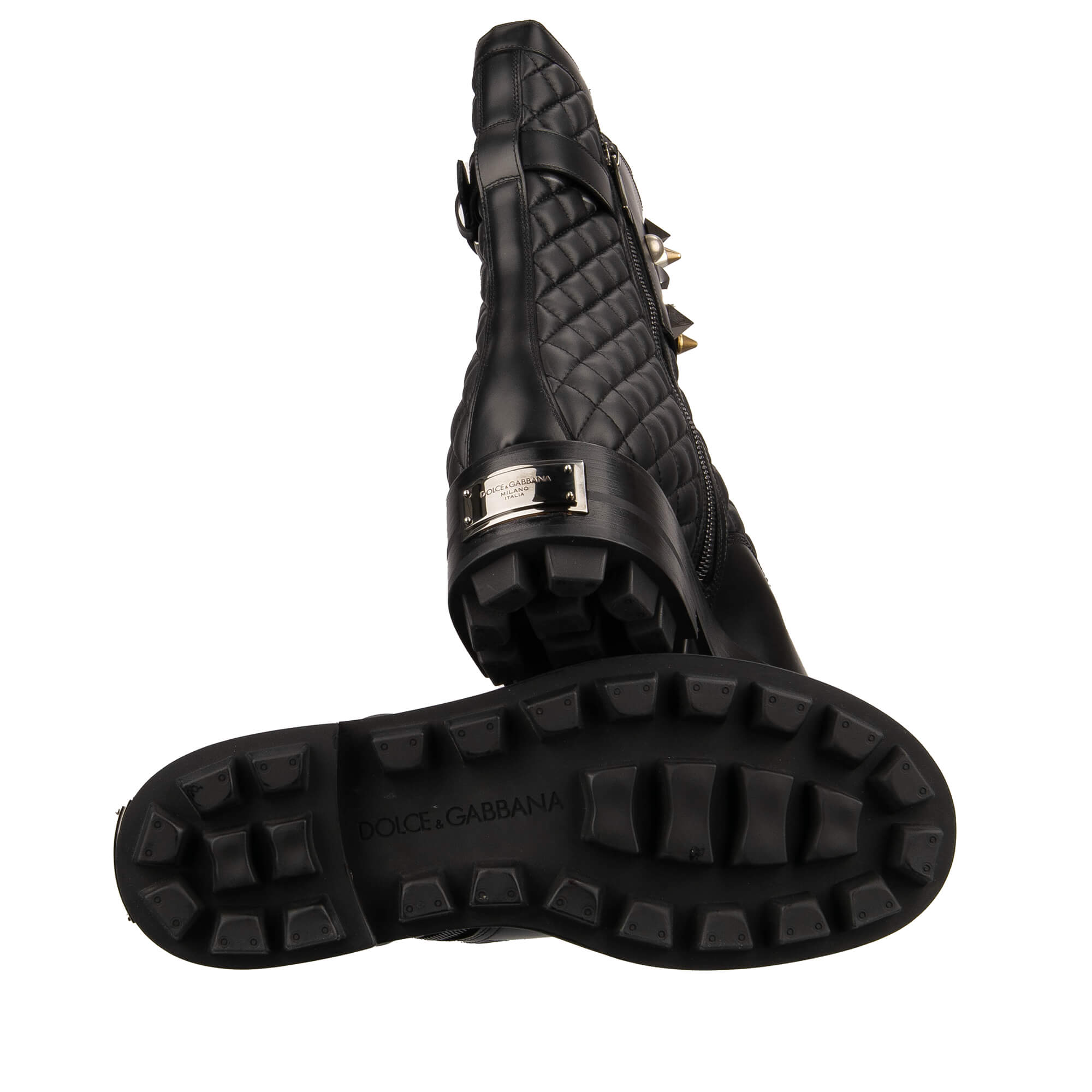 Plateau Top Track Combat / Biker Stiefel aus gestepptem Leder mit Nieten, Logo und Reißverschluss in Schwarz von DOLCE & GABBANA