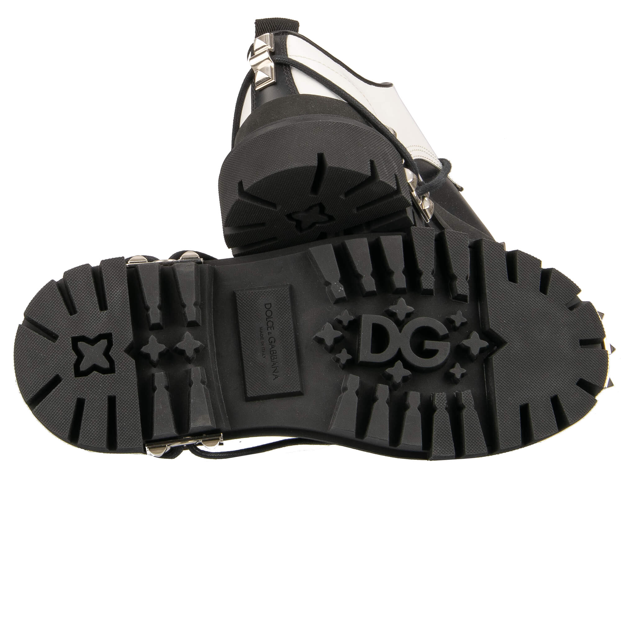 Leder Plateau Hi Trek Combat / Biker Stiefel mit Applikationen us Metall und großem DG Logo in Schwarz und Weiß von DOLCE & GABBANA