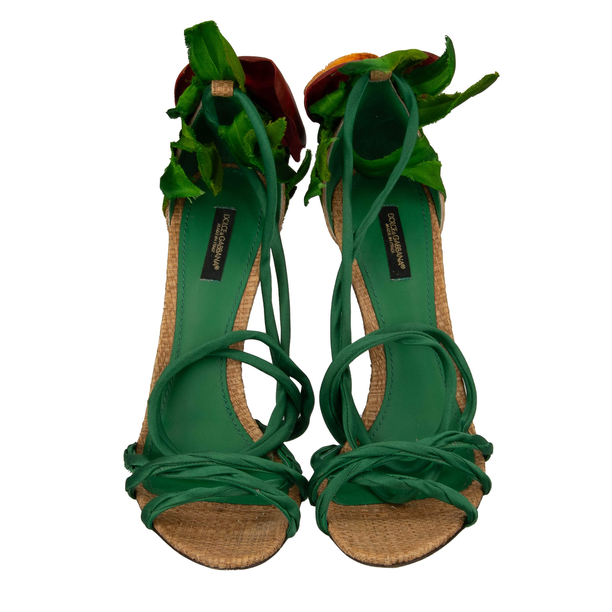 Leder, Seide und Raffia Pumps Sandalen KEIRA mit Hand-bemahlter Flamingo Blume und Riemchen von DOLCE & GABBANA