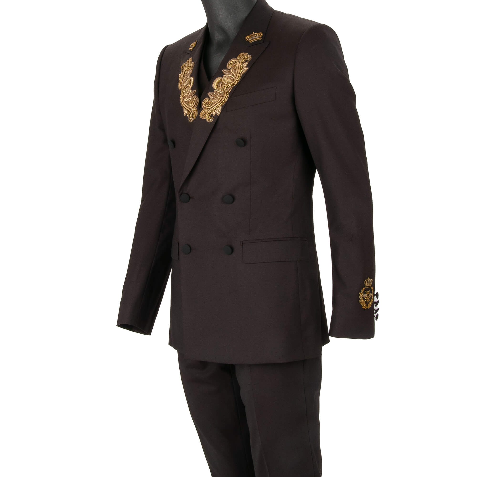 Virgin wool 3 piece double-breasted suit with goldwork pearl embroidery and peak lapel in brown and gold by DOLCE & GABBANA 
