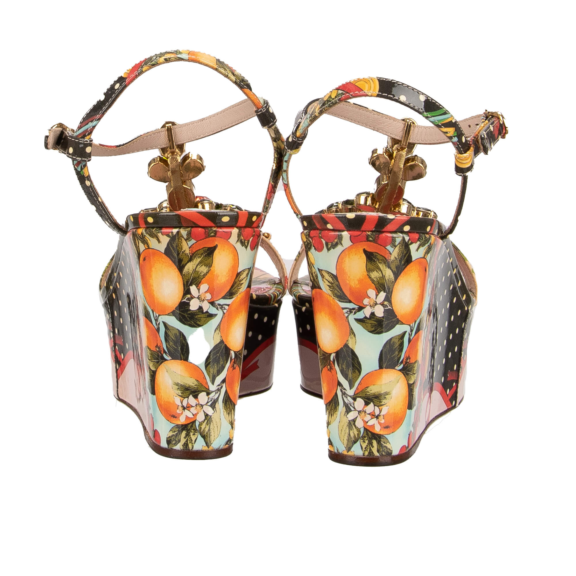 Lackleder Plateau Sandalen / Wedges BIANCA mit mehrfarbigen Kristallen, Orangen, Geranium und Polka Dot Print von DOLCE & GABBANA