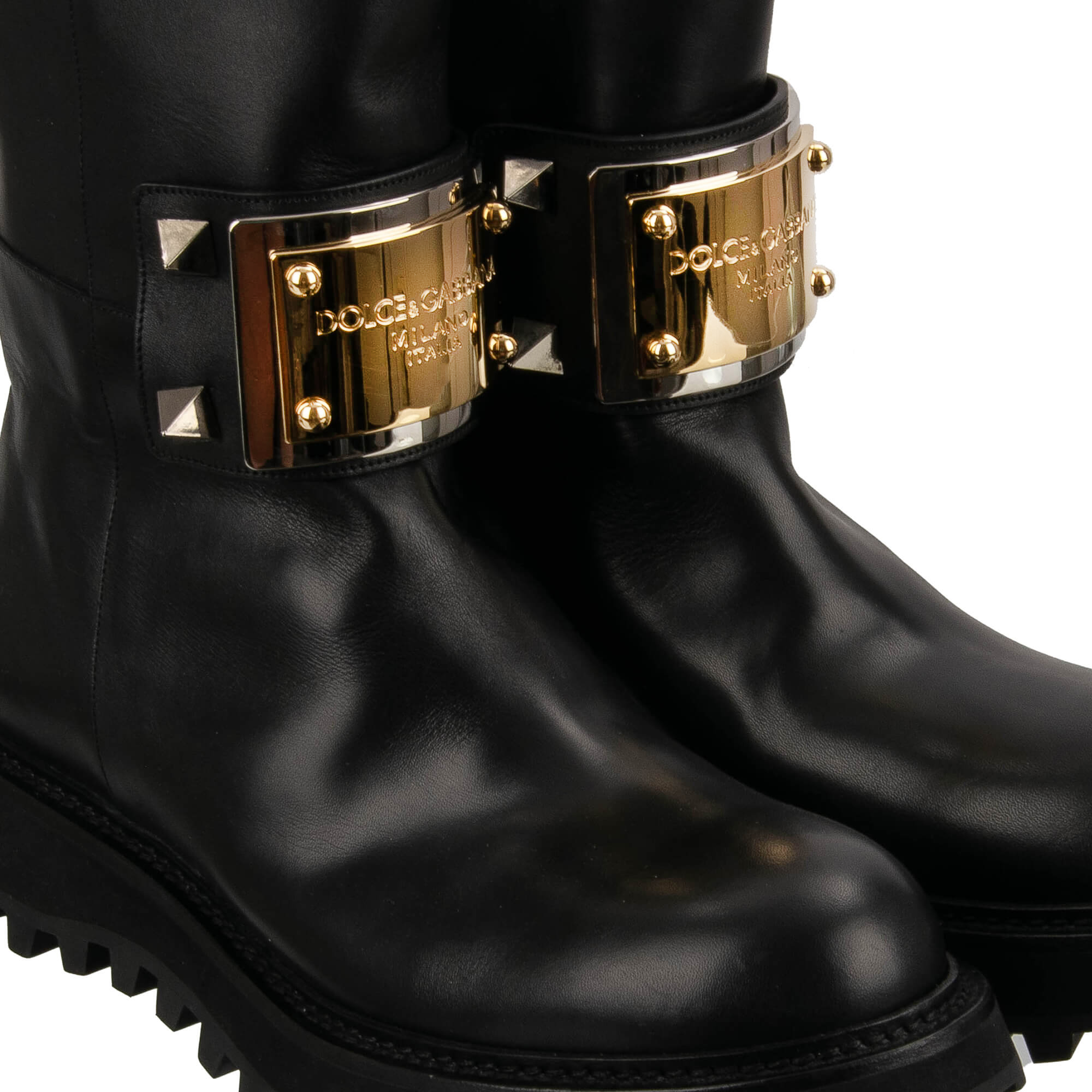 Leder Stiefel BERNINI mit DG Metall Gold Logo in Schwarz von DOLCE & GABBANA