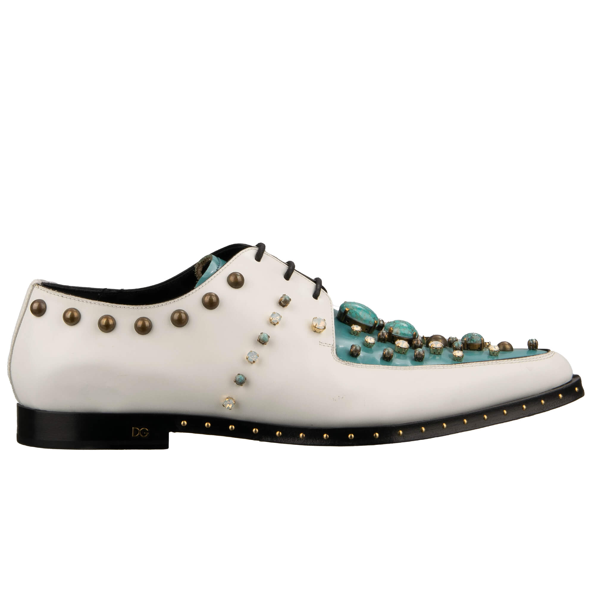 Derby Schuhe MILLENNIALS aus Leder mit Kristallen, Nieten und Steinen und Absatz mit DG Logo in Weiß und Azur von DOLCE & GABBANA