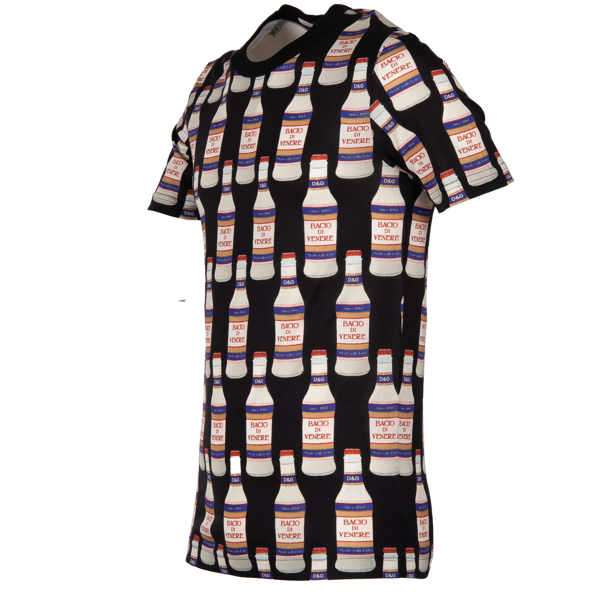 Cotton T-Shirt with Bacio Di Venere Bottles print and logo sticker by DOLCE & GABBANA