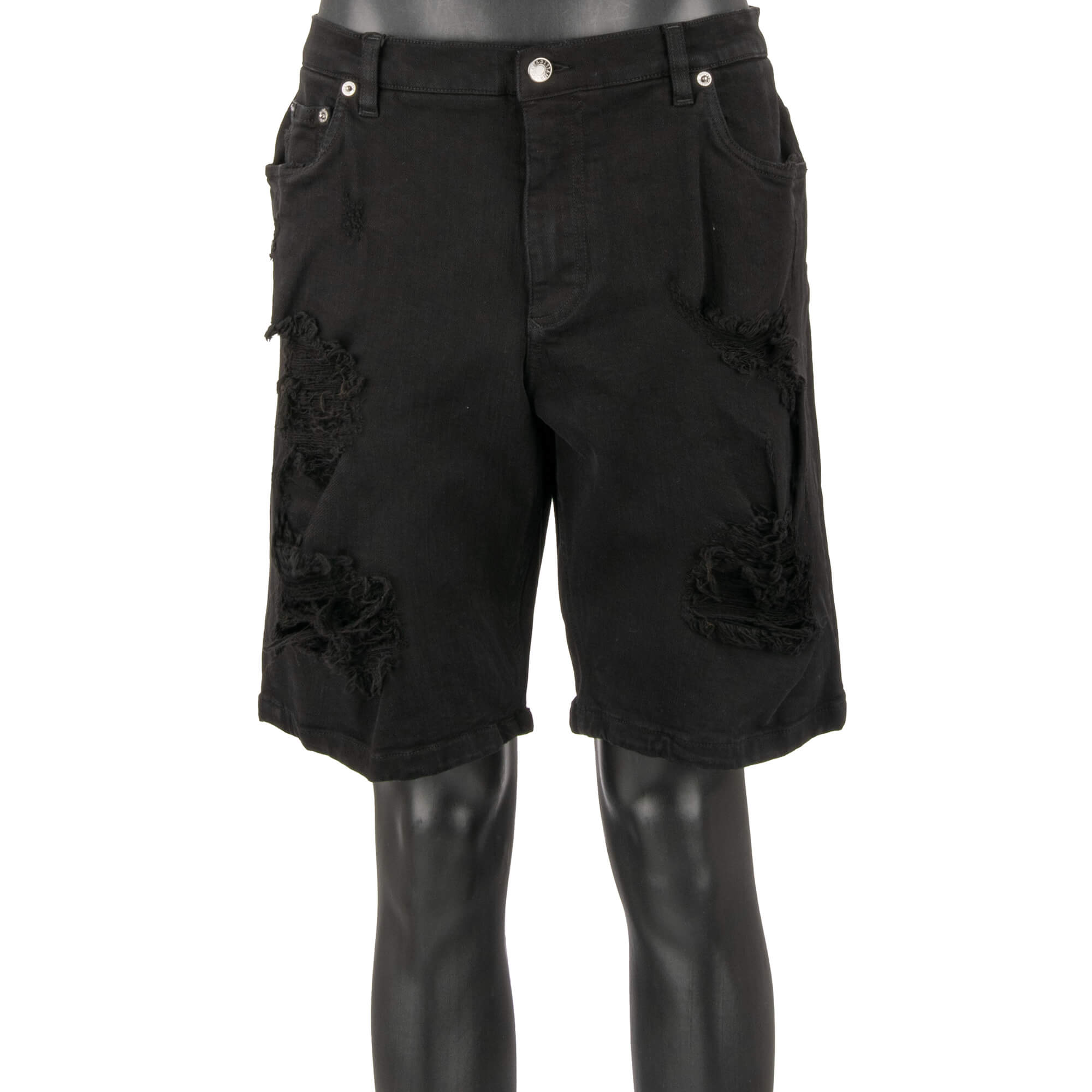 Distressed Denim Shorts with DG metal logo plate in black and red by DOLCE & GABBANA 