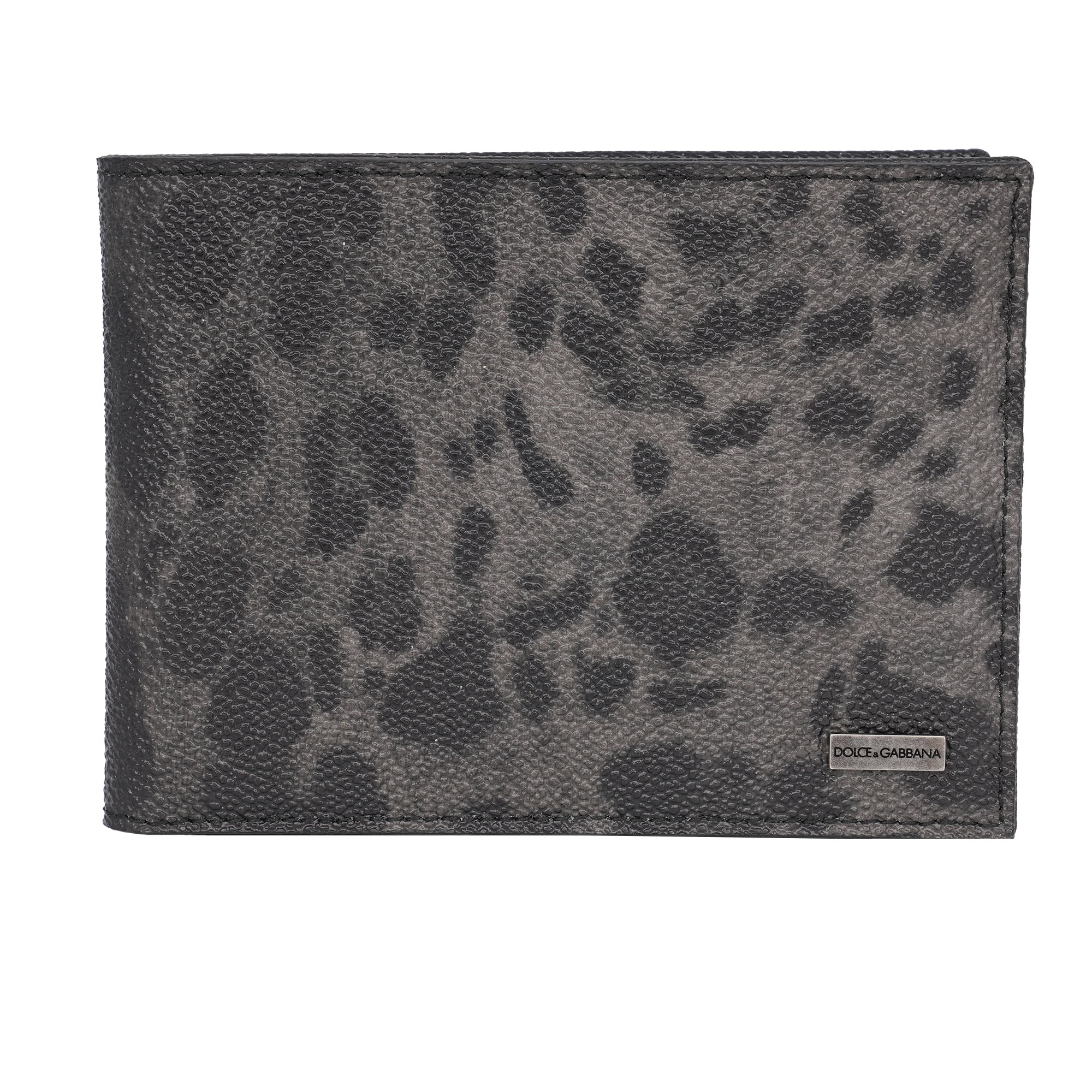Leopard Print DG Logo Schild Dauphine Leder Geldbörse Grau Schwarz 
