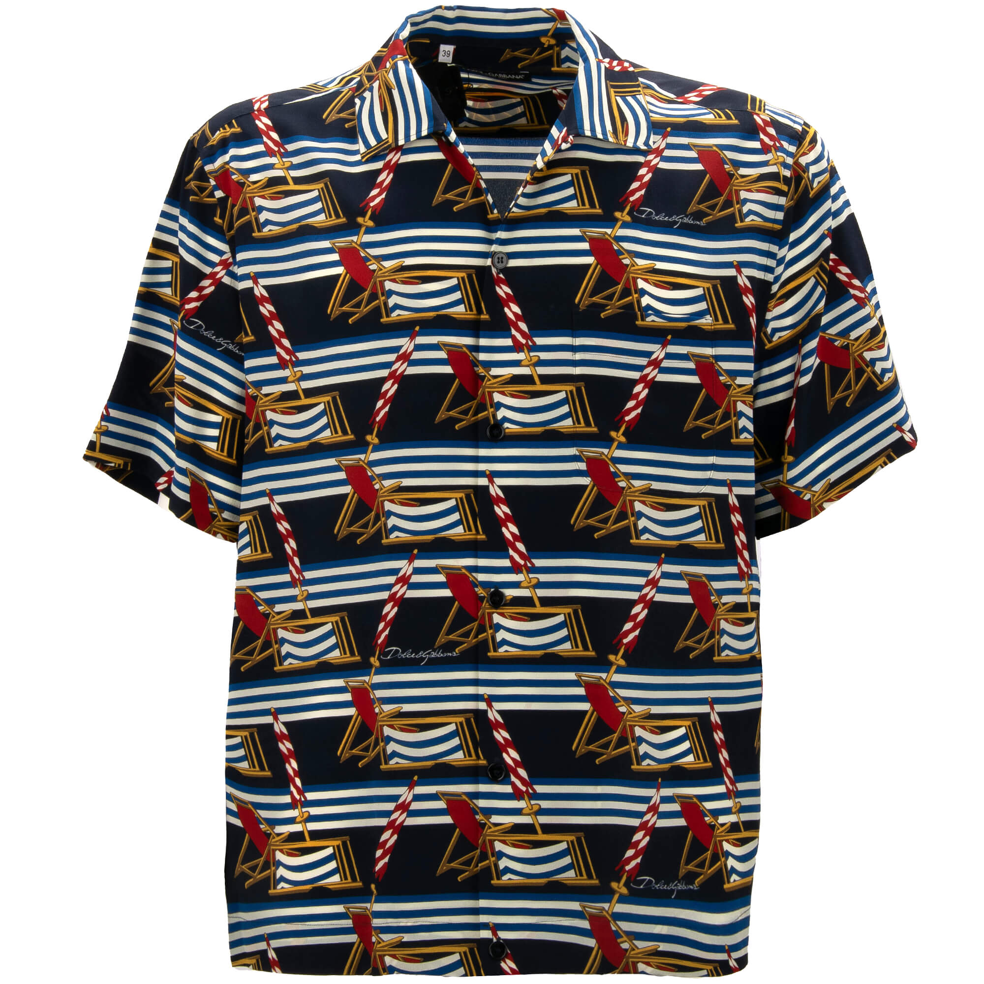 Striped Beach Theme Short Sleeve Silk Shirt Blue White Red