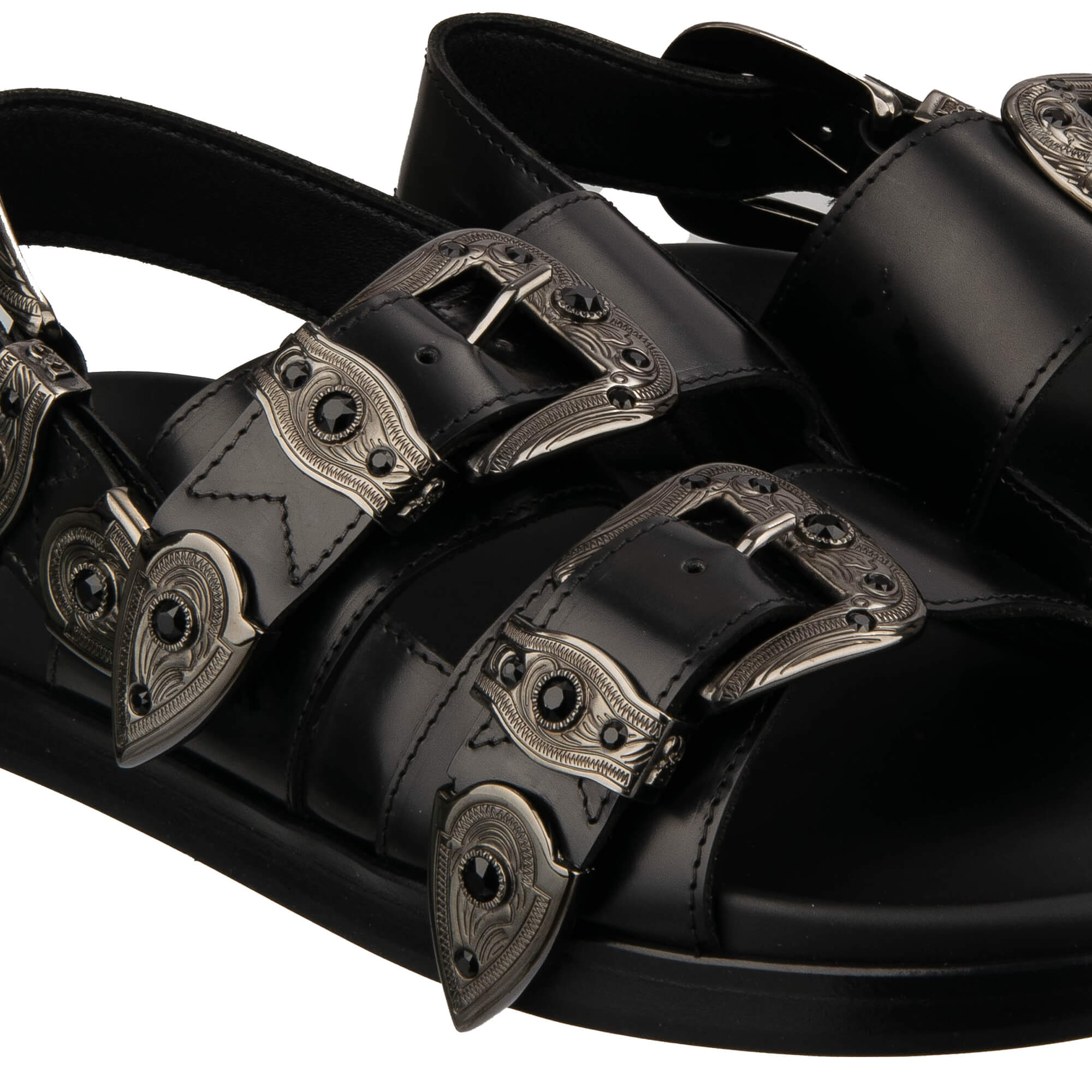Studded leather Slides Sandals Shoes HAWAII with buckles embellished with crystals and DG logo in black by DOLCE & GABBANA 