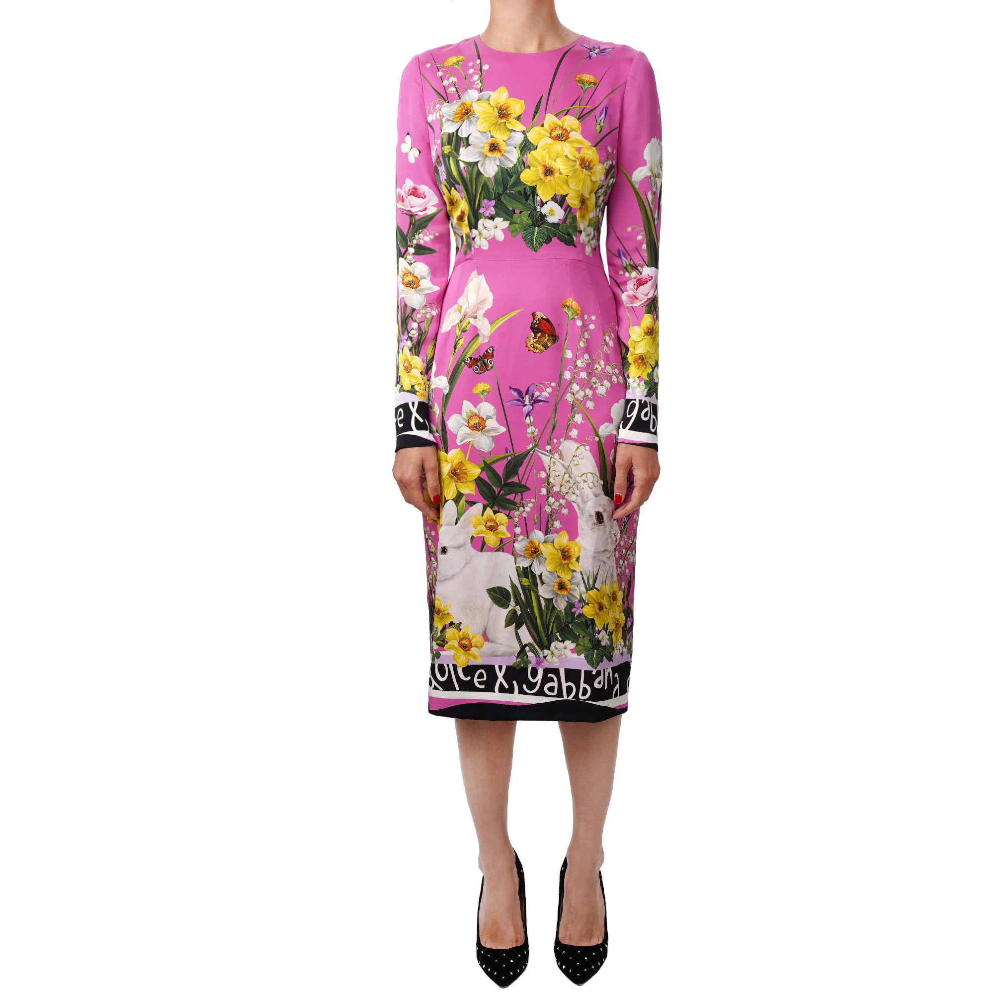 Daffodil Lily Flower Rabbit DG Logo Silk Dress Pink 44 US 8 