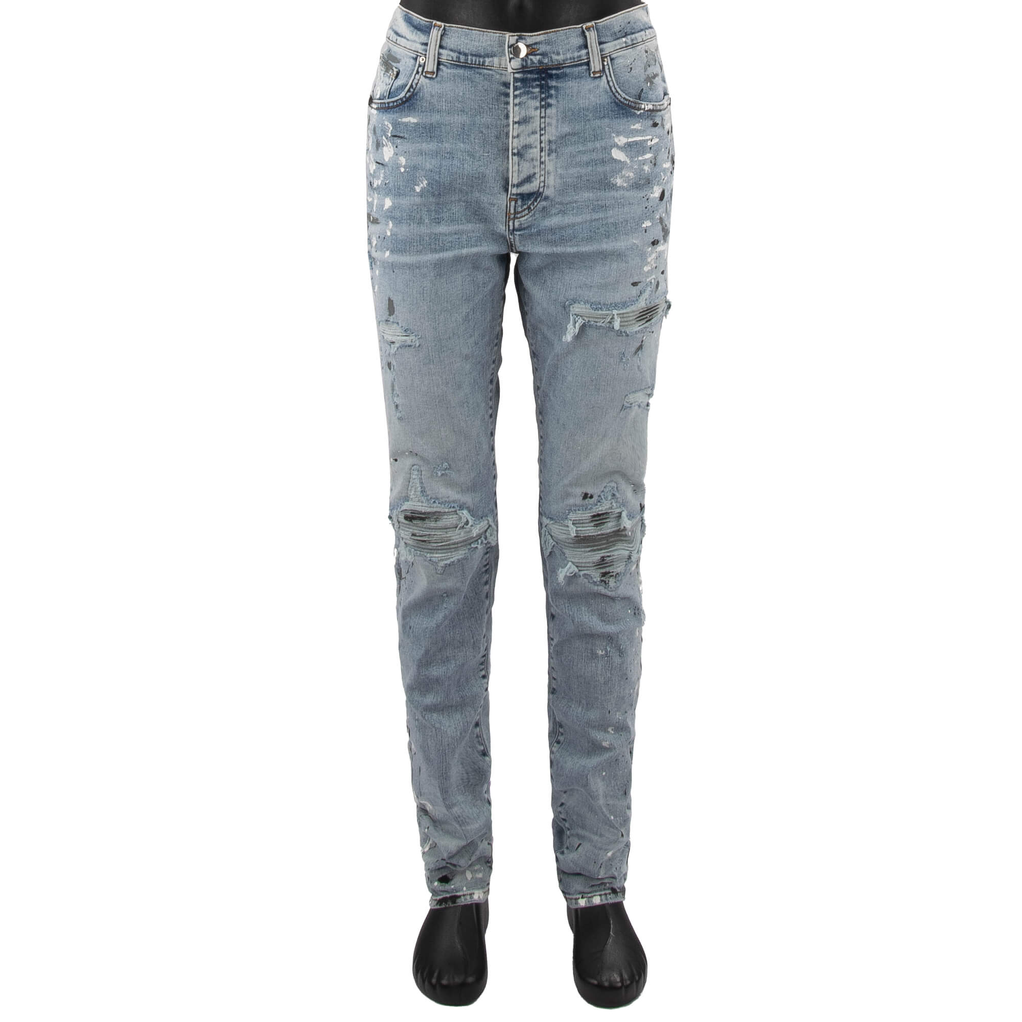 5-pockets Skinny Distressed Stretch Painter MX1 Jeans in Vintage Blue with unique color splashes and elastic inserts by AMIRI