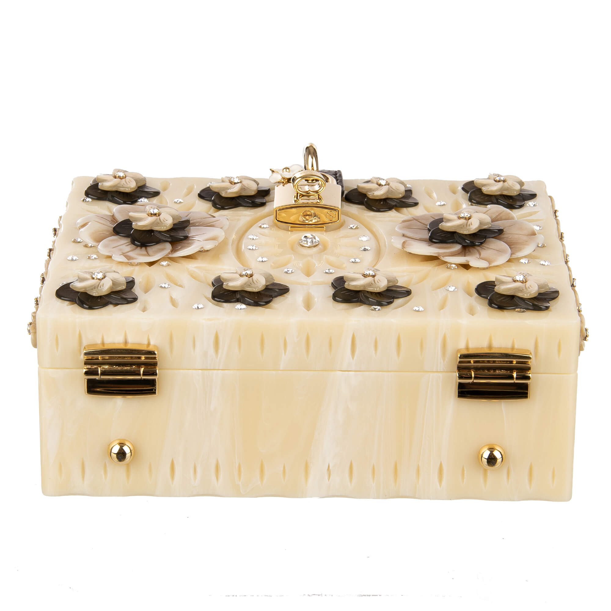 Handcrafted bag / shoulder bag / clutch DOLCE BOX with floral embellishments, crystals, snakeskin details and decorative padlock with enamel flower by DOLCE & GABBANA