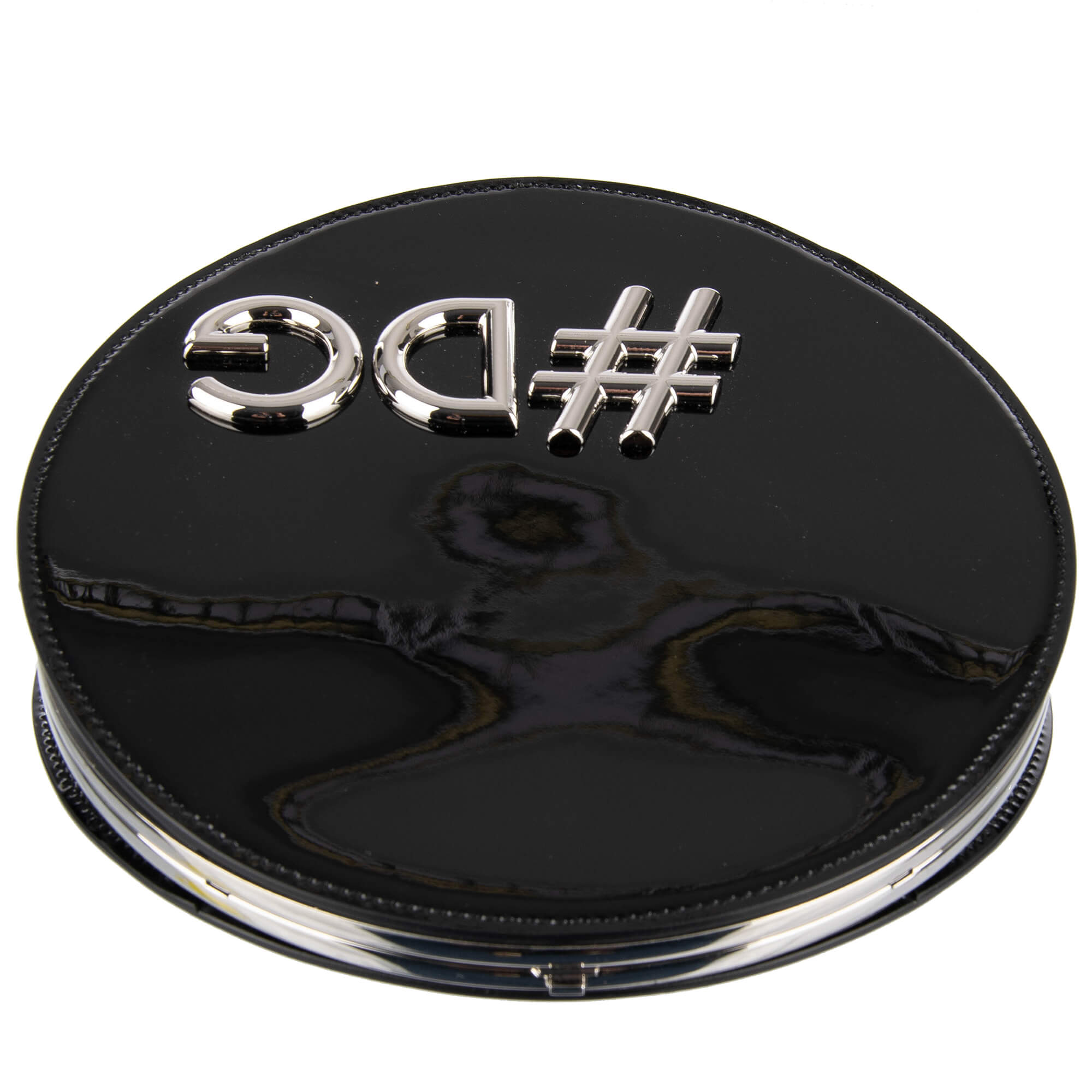 Schultertasche / Clutch DG GIRLS in Kreis-Form aus Lackleder mit großem #DG Hashtag und Kettenriemen aus Metall von DOLCE & GABBANA