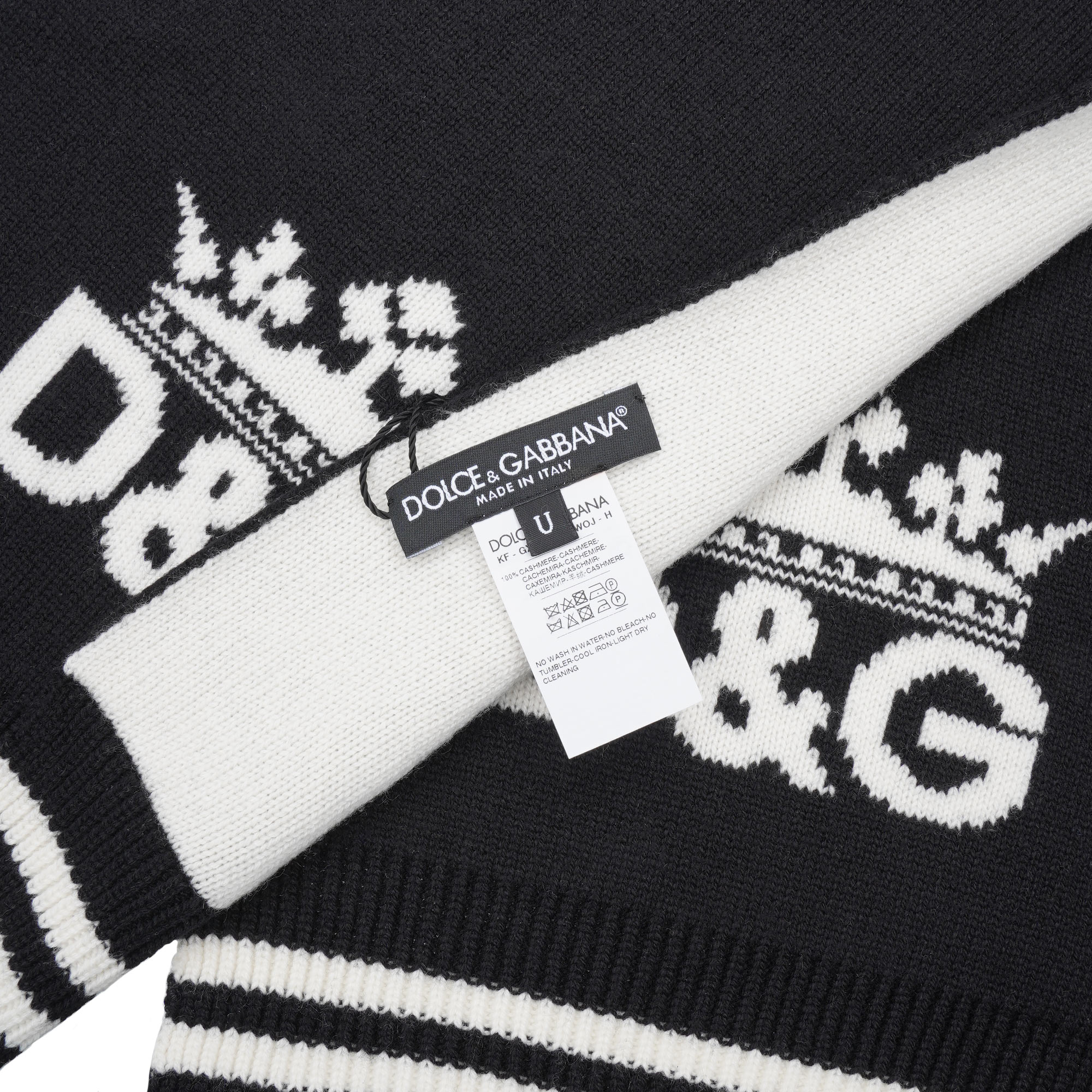 DG Crown logo woven cashmere scarf in black and white by DOLCE & GABBANA