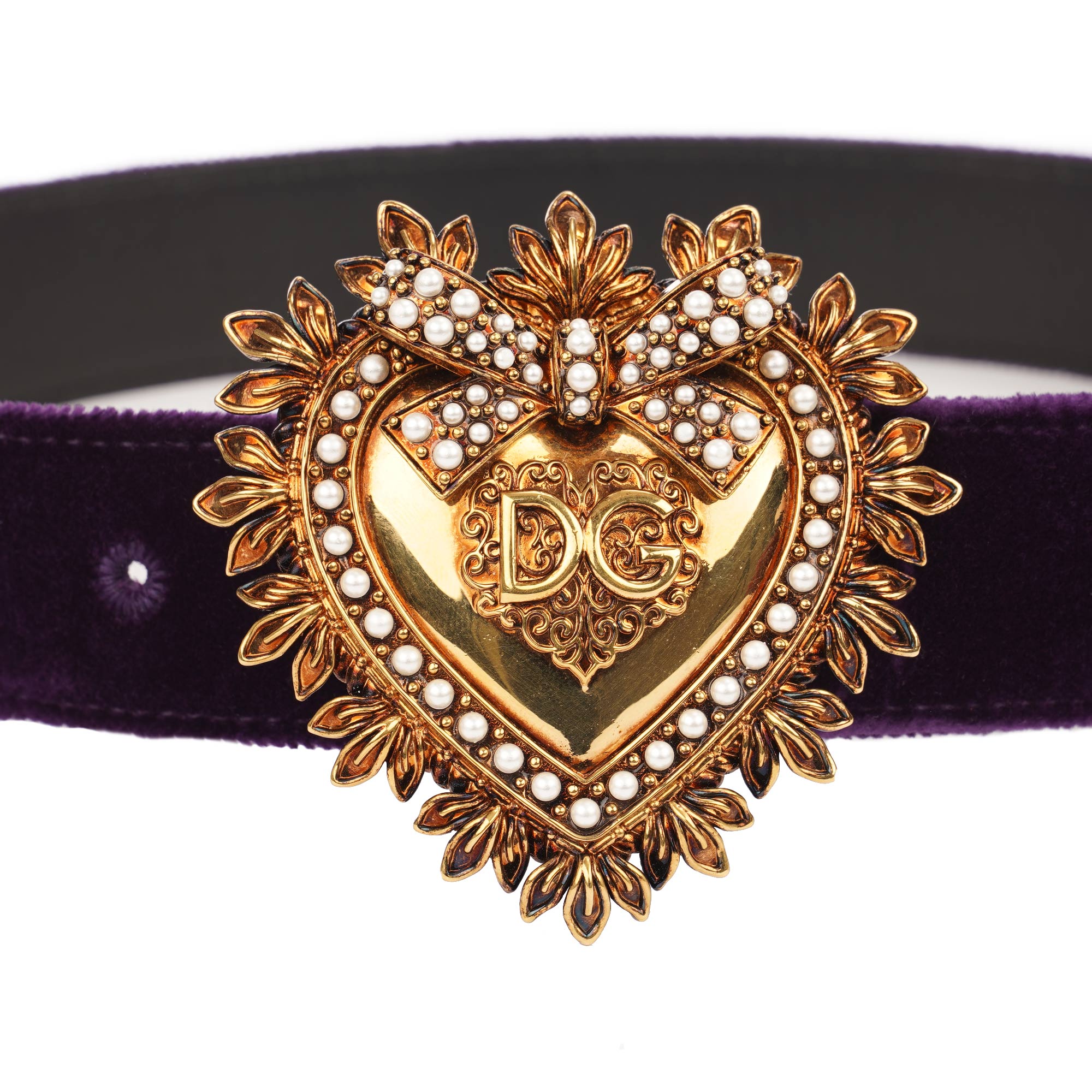 DEVOTION Gürtel aus Leder und Samt mit Metall Perlen Herz in Lila und Gold von DOLCE & GABBANA 