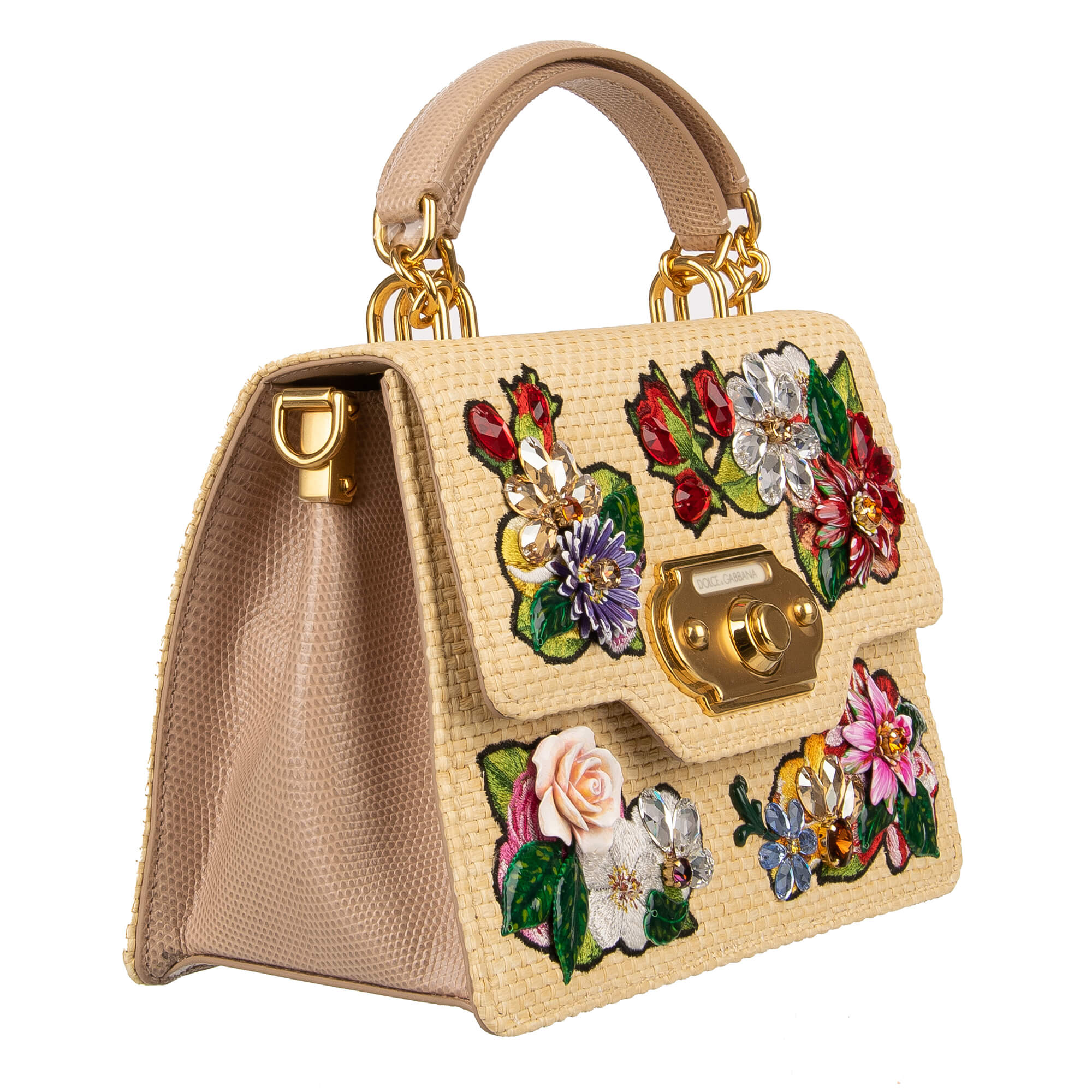 Handtasche / Schultertasche WELCOME Medium aus gewebter Raffia und Leder mit Iguana Textur mit Blumen Stickerei und Kristallen von DOLCE & GABBANA