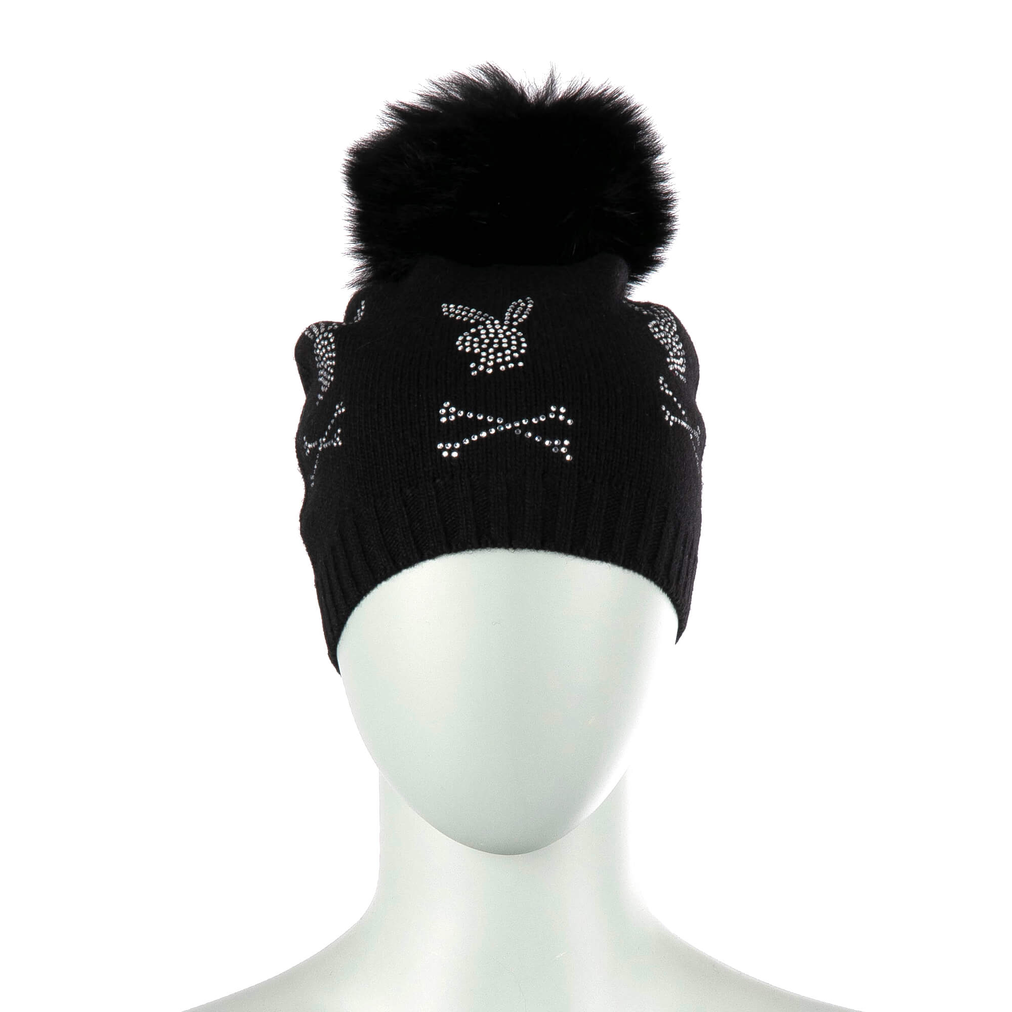 Wool and Cashmere blend knit beanie hat with six crystals Bunny Skull logos and fox fur pompon by PHILIPP PLEIN x PLAYBOY
