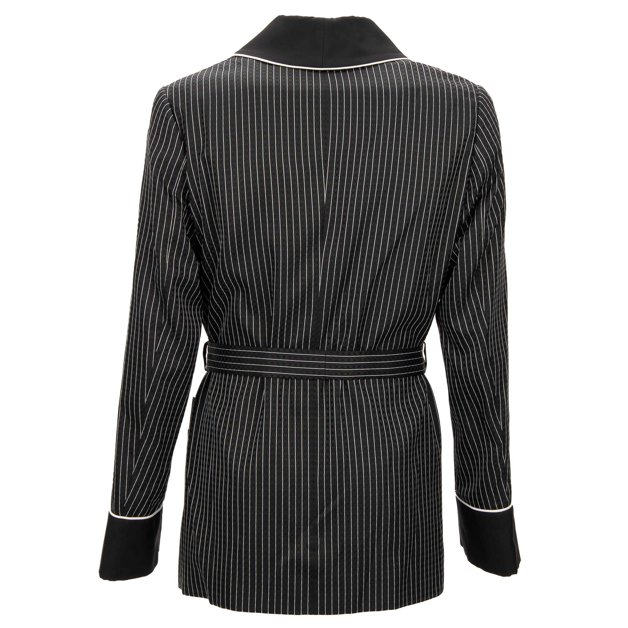 Striped silk blend jacquard Robe / Blazer with DG logo embroidery and belt fastening in white and black by DOLCE & GABBANA