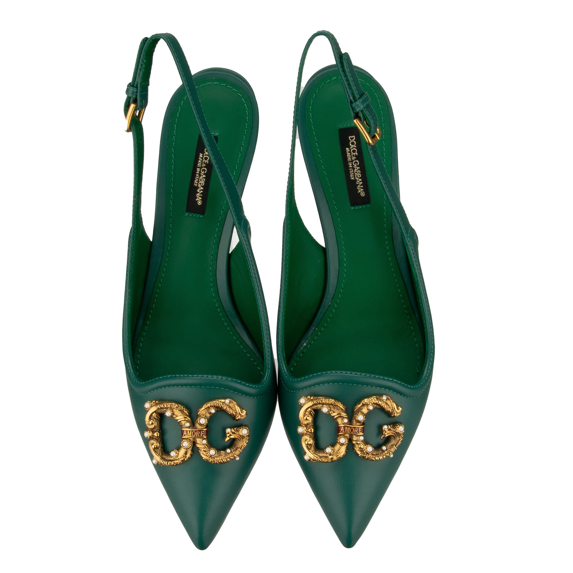 Pointed leather Slingbacks Pumps with DG Pearl Amore Logo in green by DOLCE & GABBANA