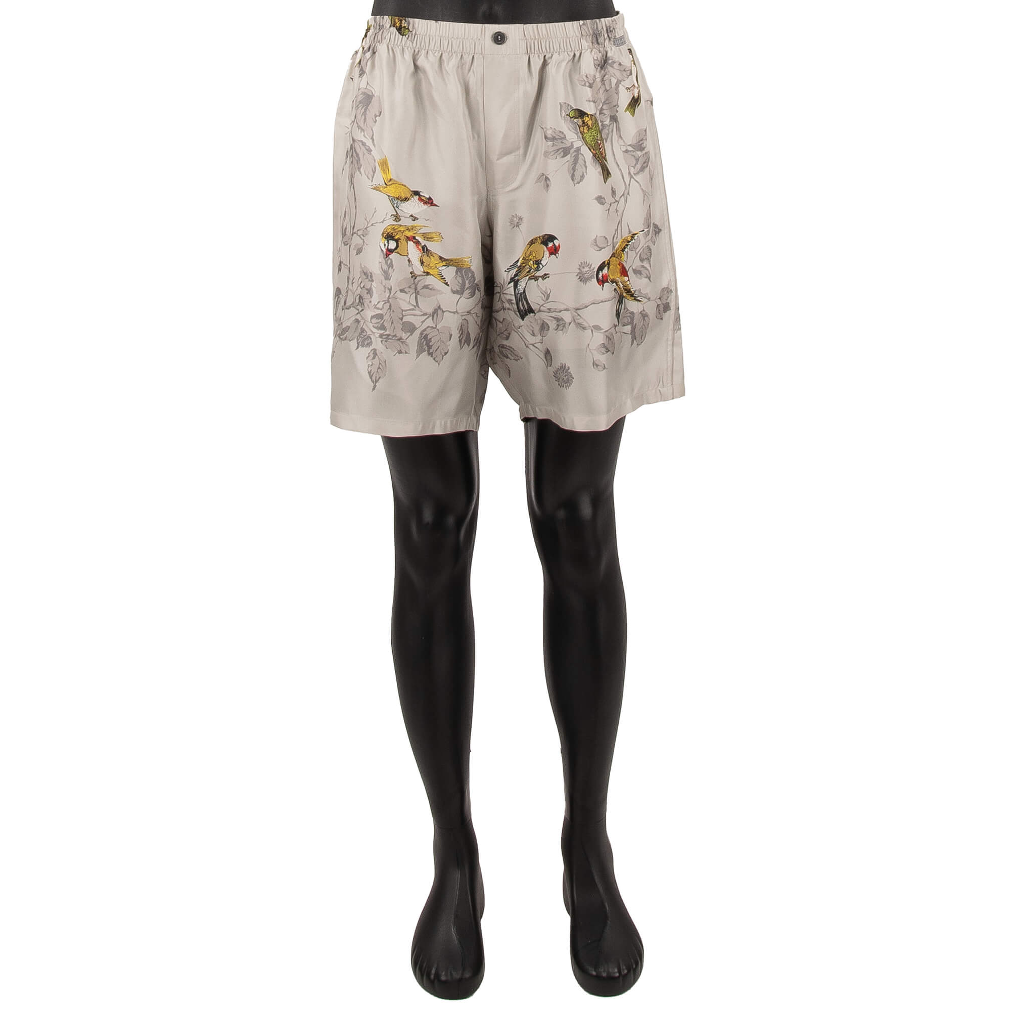 Silk Shorts with birds print, logo patch and back pocket in gray by DOLCE & GABBANA