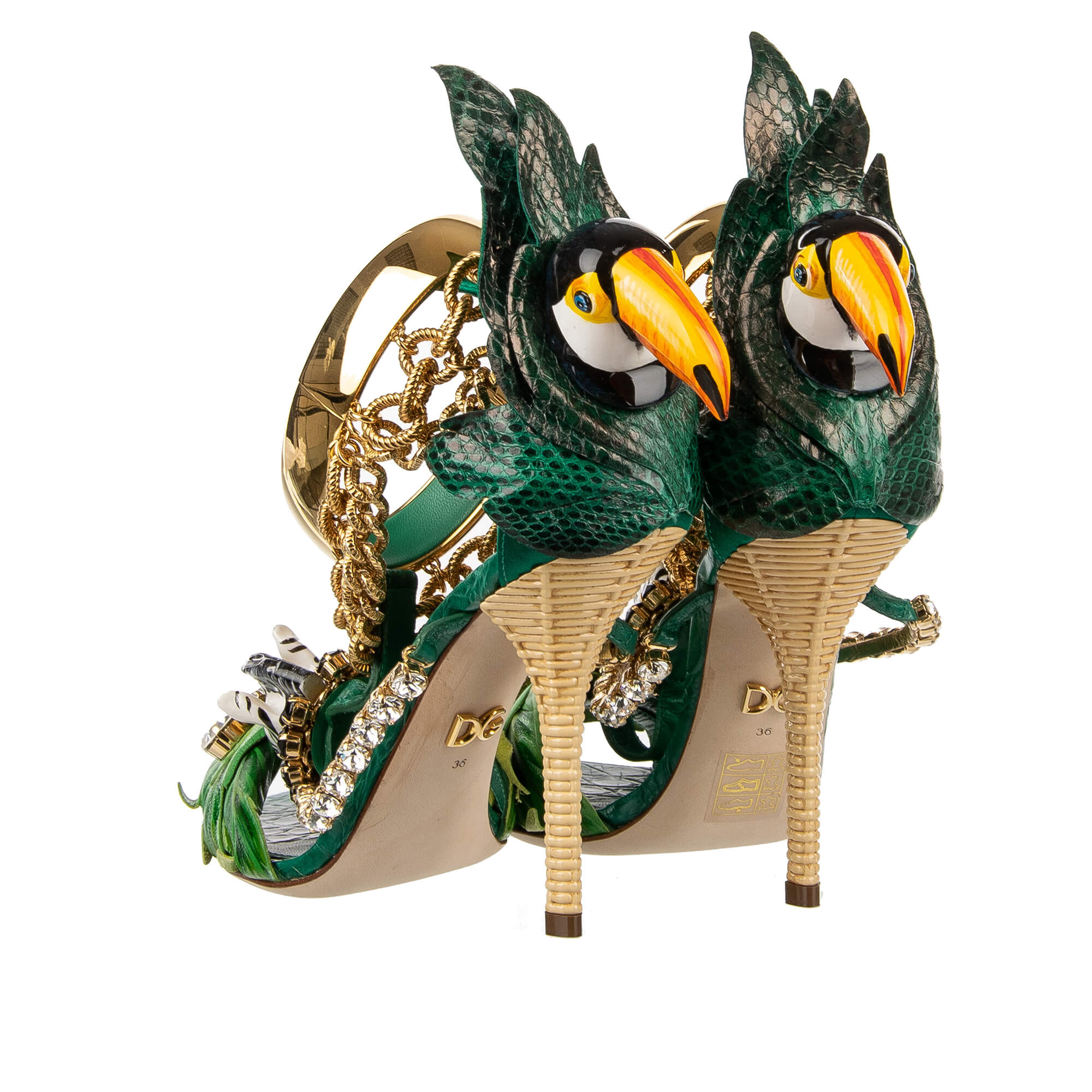 Tropische Pumps Sandalen KEIRA mit Hand bemahlten Elementen, Vogel, Zebra und Kristallen Ketten Riemchen in gold und grün von DOLCE & GABBANA