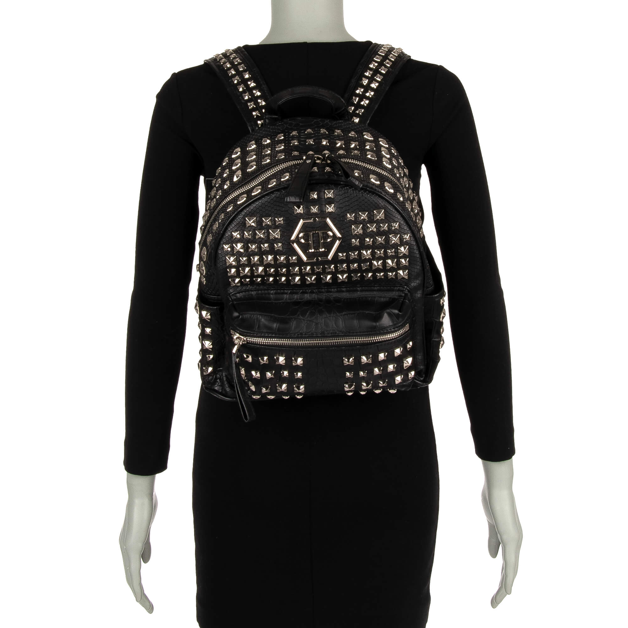 Studded PVC Backpack NOW with snake texture and logo plates by PHILIPP PLEIN