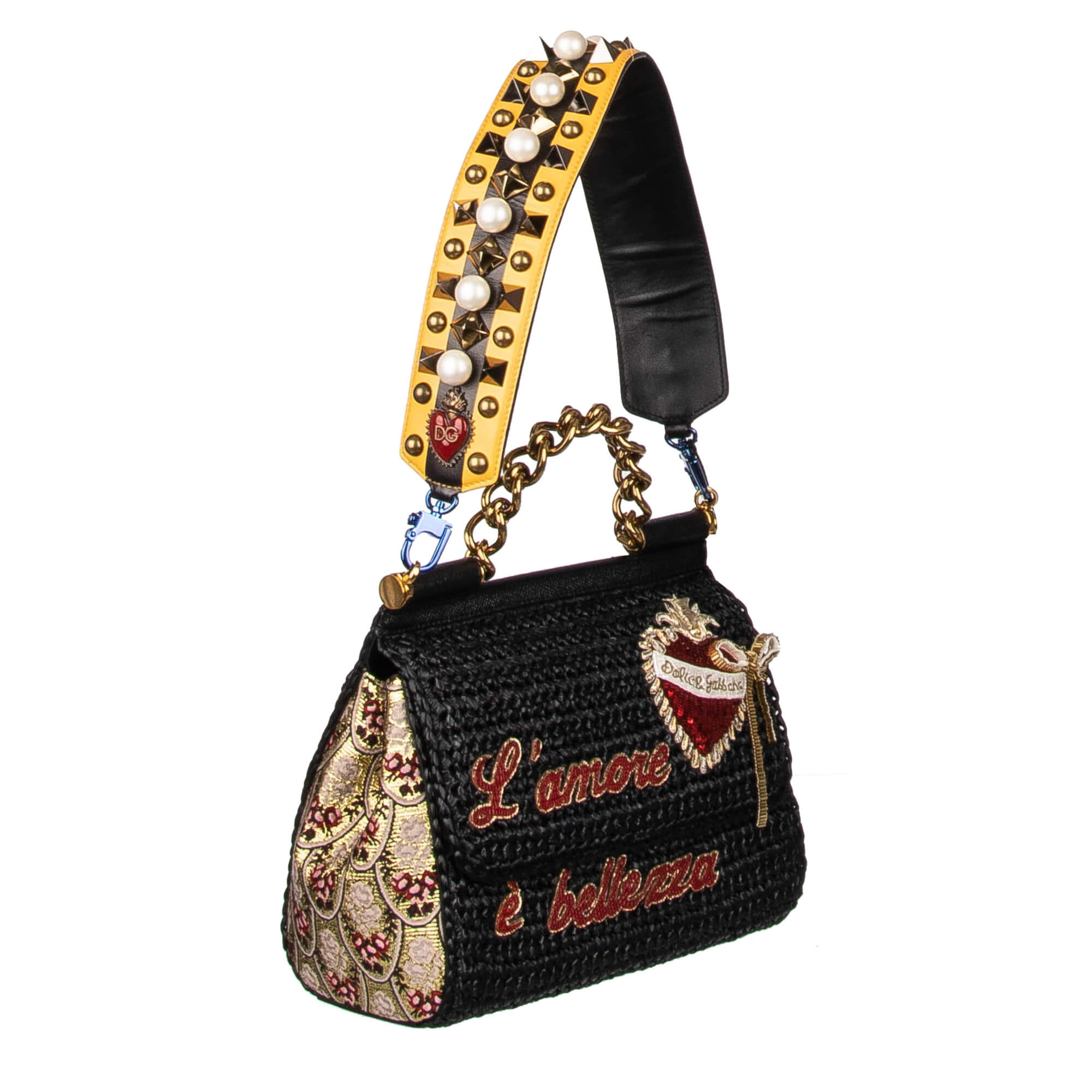 Schulterriemen für Tasche aus Glattleder in Gelb und Schwarz mit Perlen, Nieten und Herz-Brosche von DOLCE & GABBANA