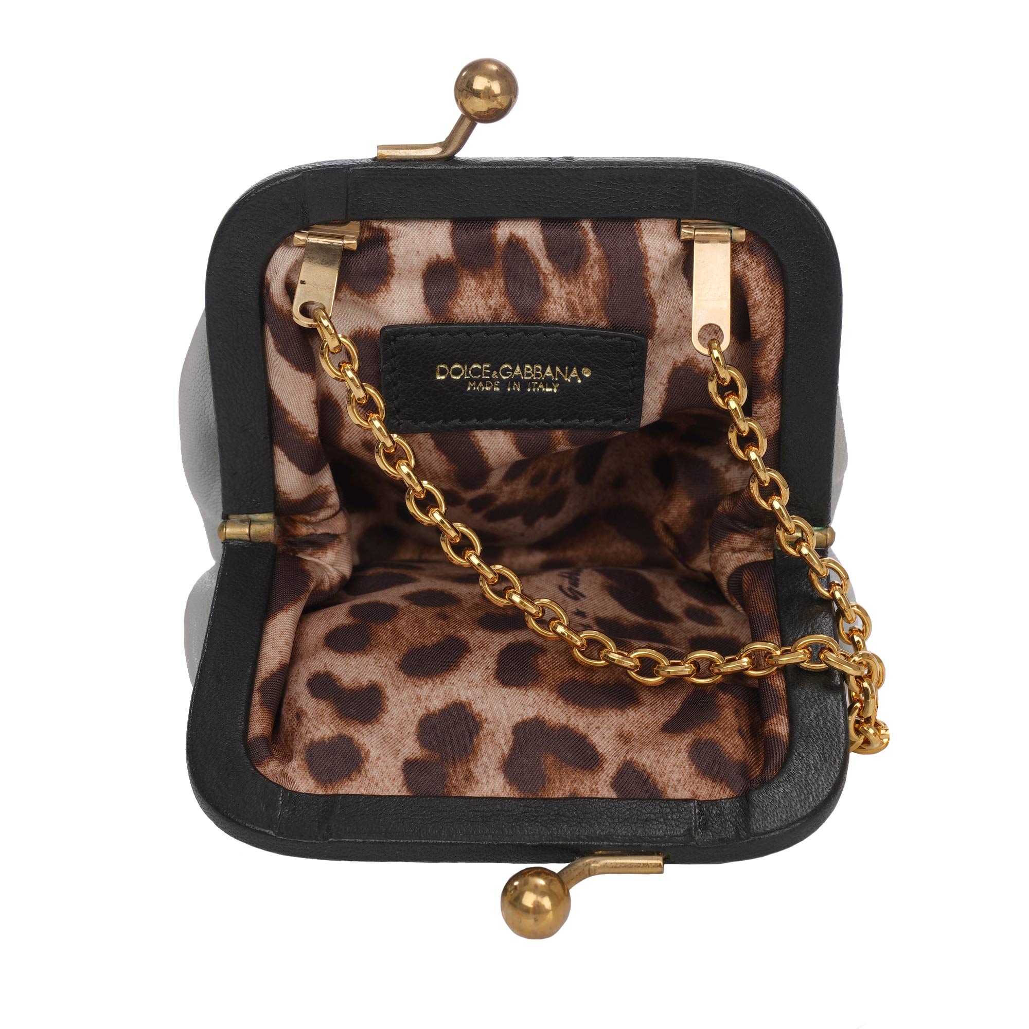 Vintage Clutch Portemonnaie Tasche / Schultertasche aus Kalbsleder mit Kristall Anhänger Kettenriemen in Grau und Gold von DOLCE & GABBANA