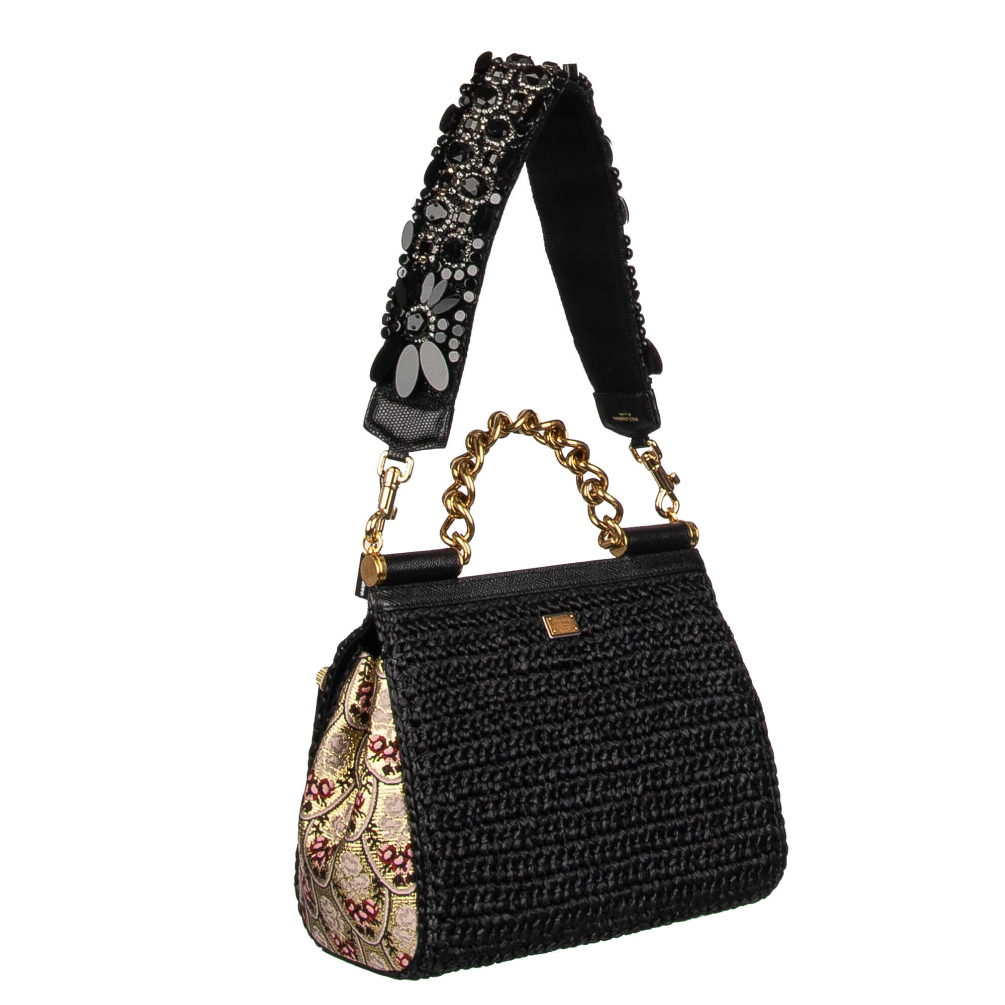 Schulterriemen für Tasche aus Baumwolle und Raffia in Schwarz verziert mit Perlen und Kristallen Handstickerei von DOLCE & GABBANA