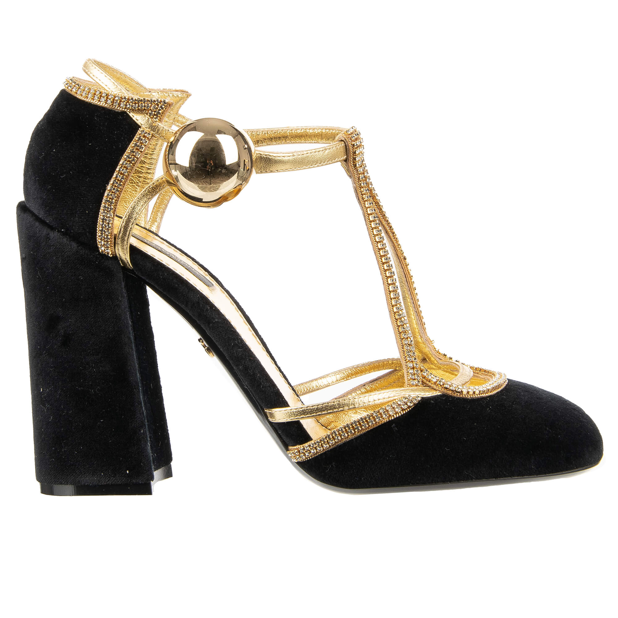 Mary Jane Pumps VALLY aus Samt in Schwarz mit elastischer Schnalle und Kristallen Riemchen aus Leder in Gold von DOLCE & GABBANA