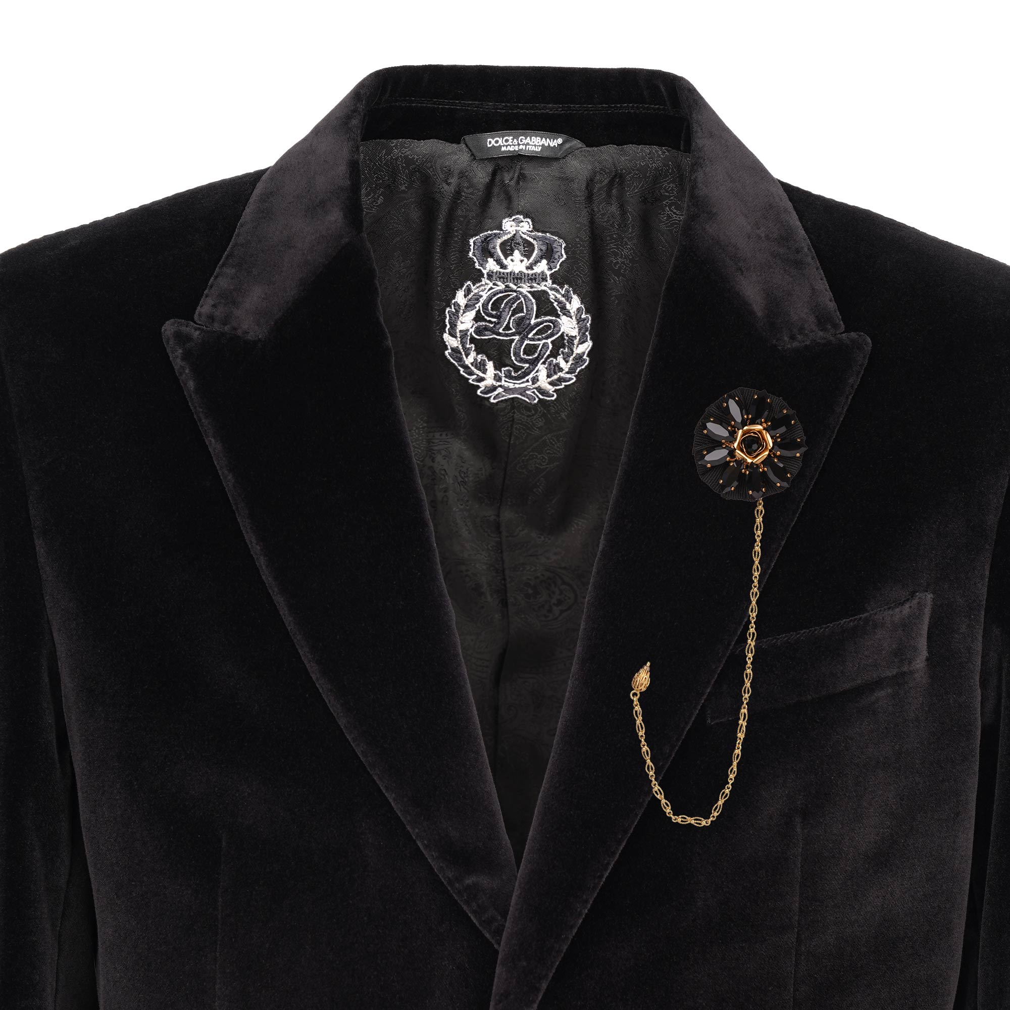 Men Brooch / Jacket Lapel Pin with flower, crystals and chain in black and gold by DOLCE & GABBANA