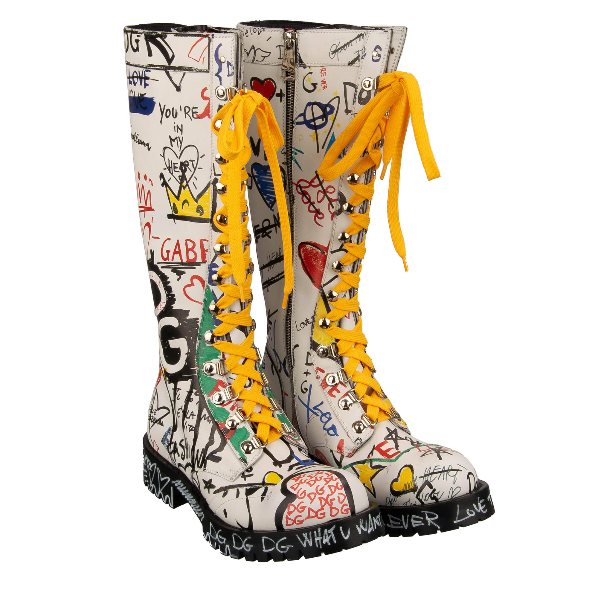 DG Logo Graffiti Crown Women Leather Biker Boots White 39 US 9